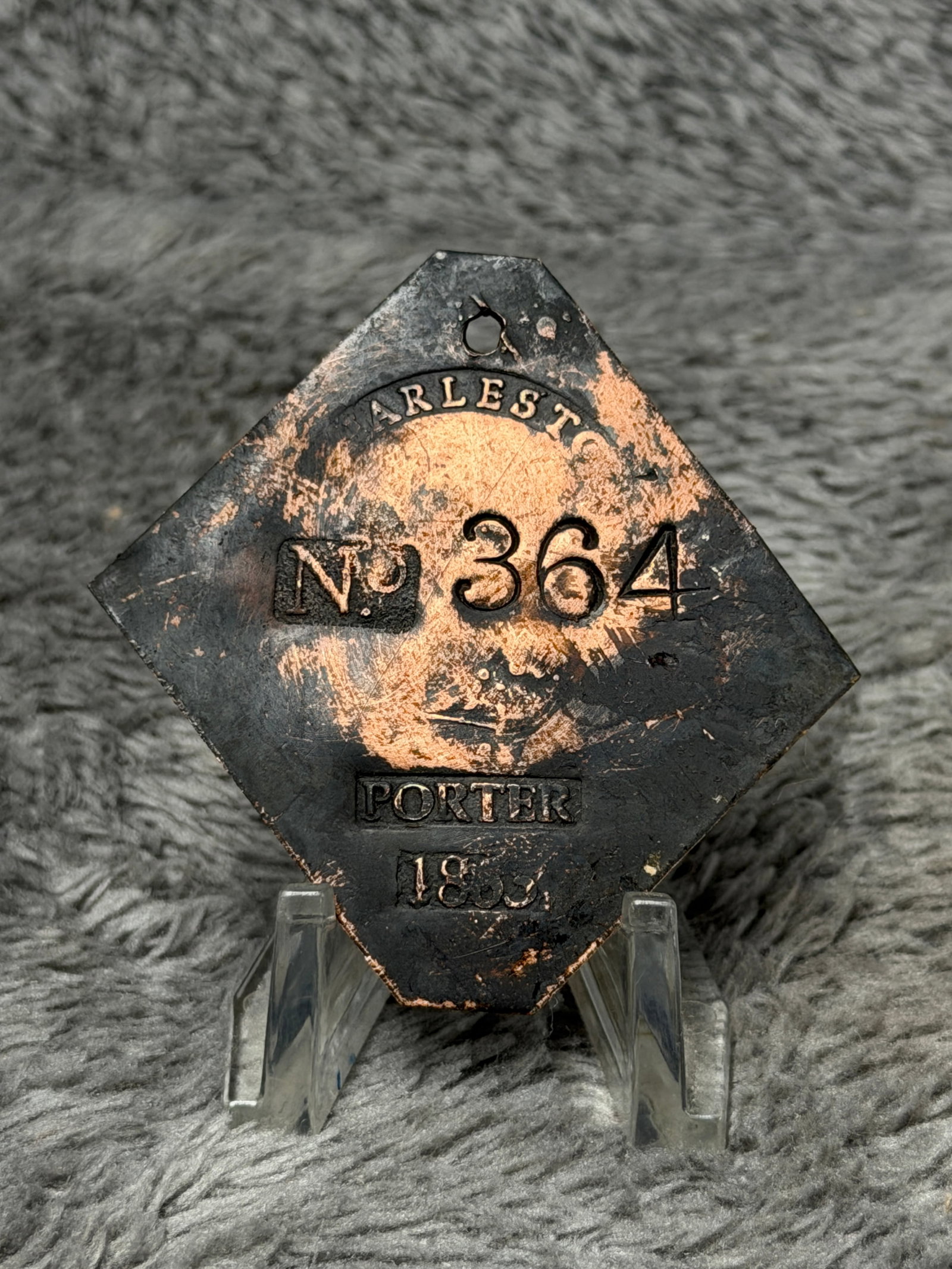 1850 Charleston Slave Hire Tag Porter No. 364 Copper Badge: Diamond-shaped Charleston slave hire tag marked “CHARLESTON” across the top, “No. 364” prominently in the center, “PORTER” below, and “1850” near the bottom. A pierced 