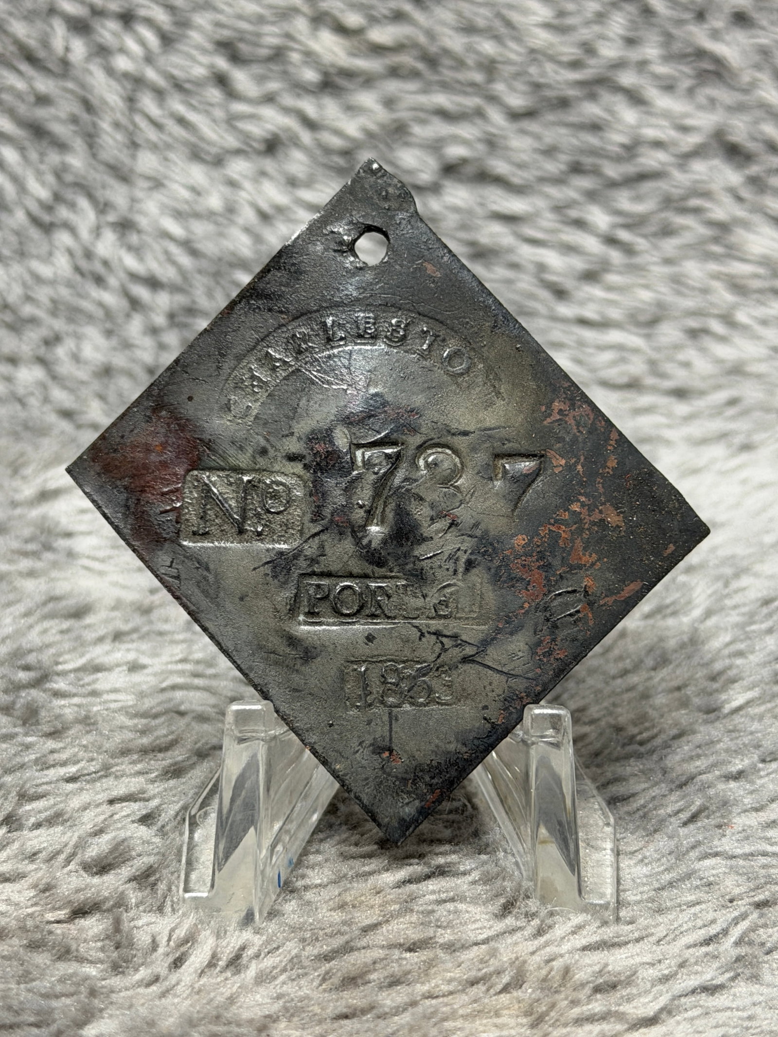 Antique 1853 Charleston Slave Hire Tag Porter No. 737 Copper Badge: Diamond-shaped Charleston slave hire tag marked “CHARLESTON” across the upper portion, “No. 737” prominently in the center, “PORTER” below, and dated “1853” near the bo