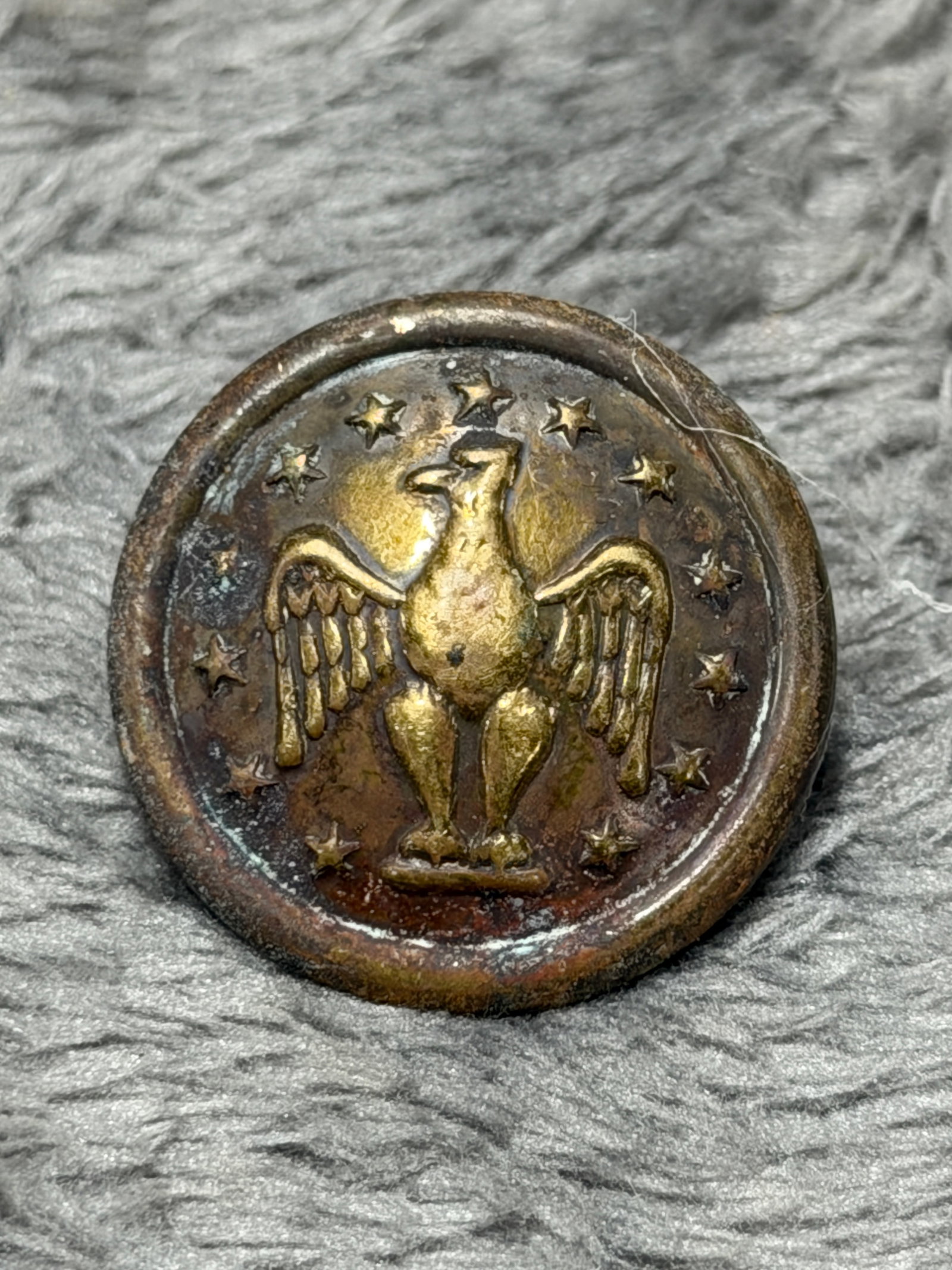 Confederate Eagle 13 Stars Coat Button Civil War Southern Military: Round metal coat button featuring a raised eagle surrounded by 13 stars, with a pronounced outer rim and strong relief to the central design. The reverse retains a single loop shank and shows an unmar