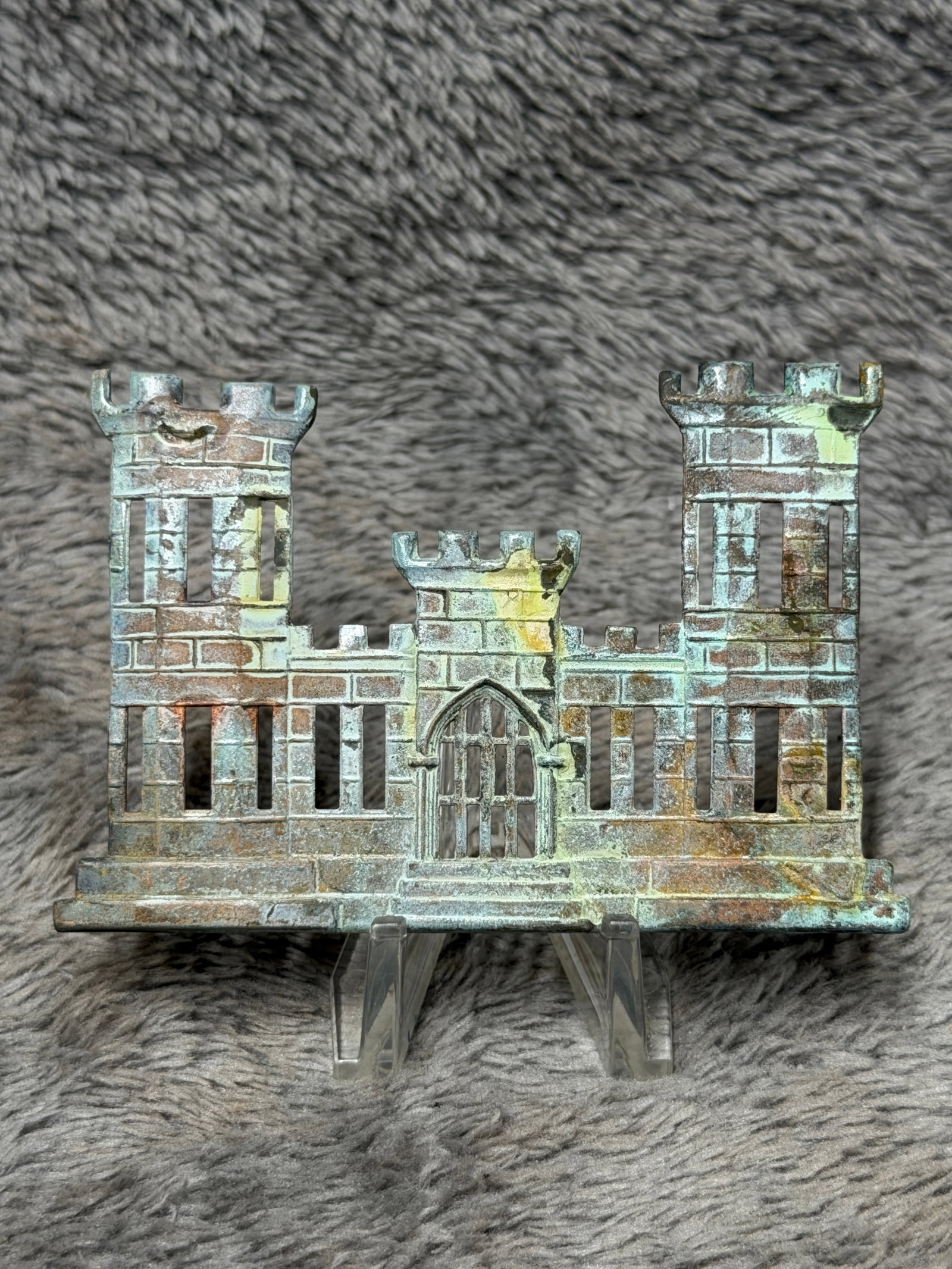 Civil War Engineer Corps Castle Headgear Badge Engineers Insignia: Offered is a metal Engineer Corps castle-form headgear badge attributed to the Civil War period, featuring the distinctive turreted castle design traditionally associated with U.S. Army engineers. The