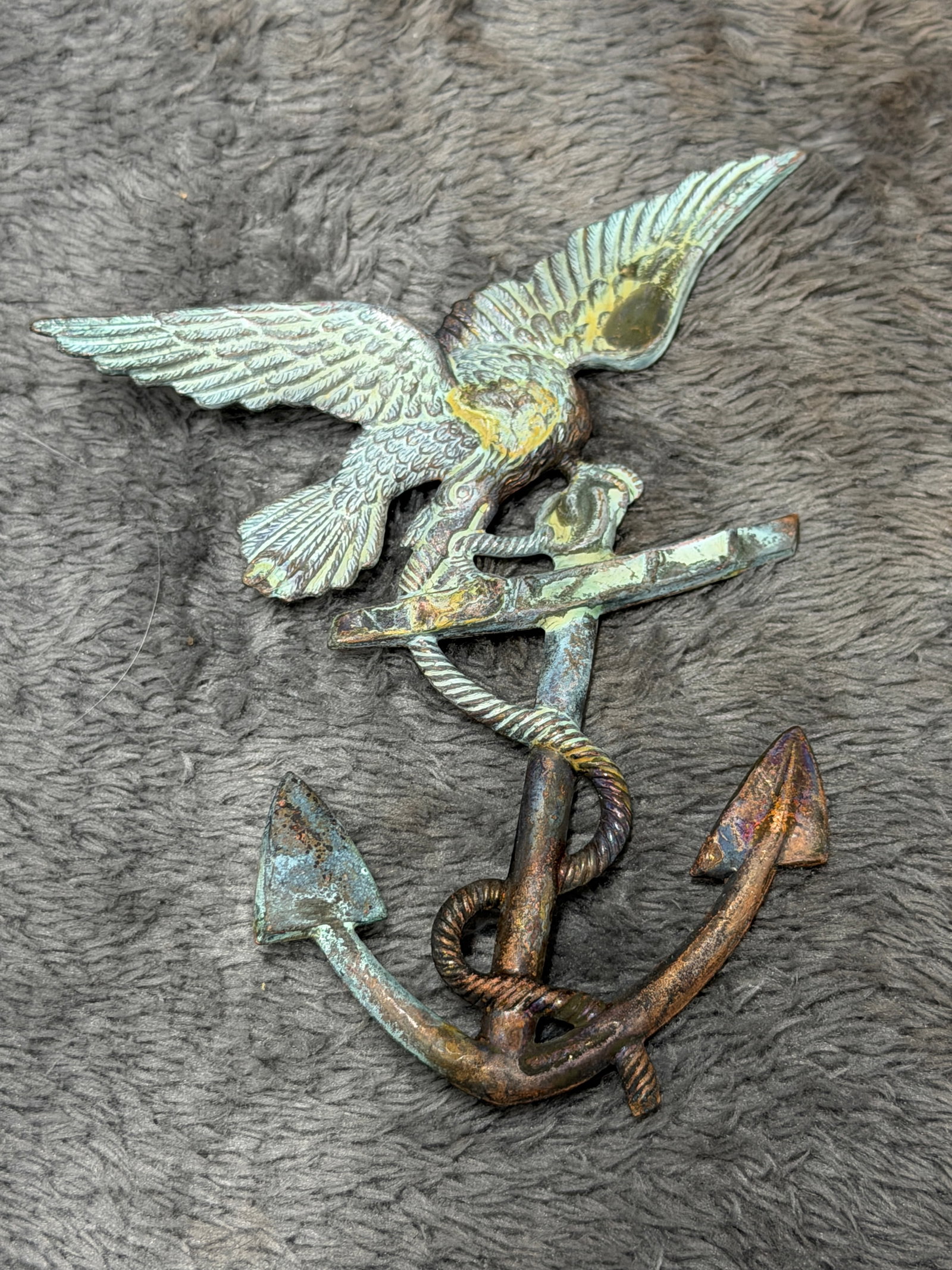 Rare 1852 U.S. Eagle and Cocked Anchor Shako Emblem Navy Headgear Badge: Offered is a rare 1852-style U.S. Eagle and Cocked Anchor shako emblem featuring a large spread-wing American eagle positioned above an elaborate fouled anchor. The eagle is rendered with extensive fe