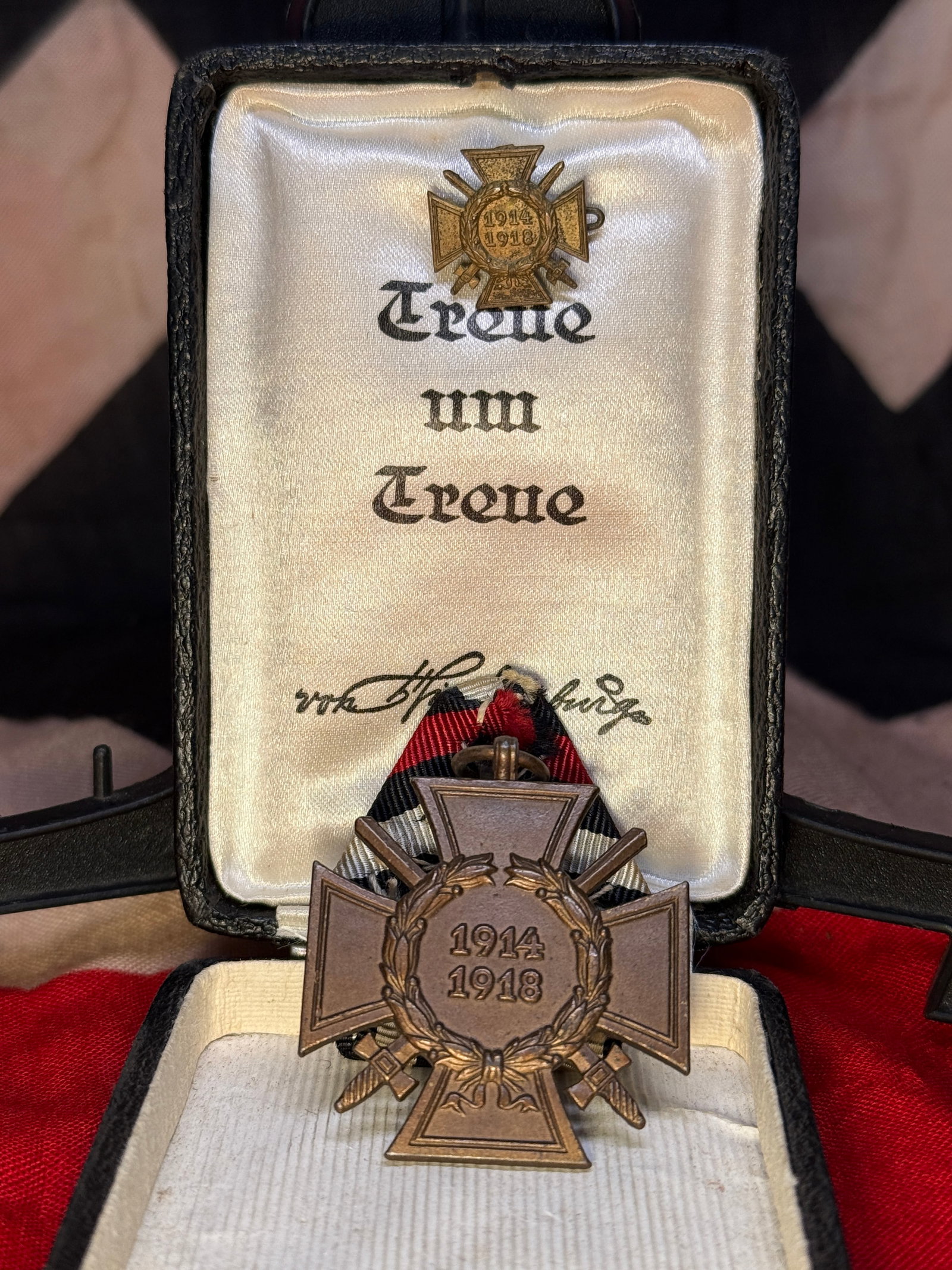 WWI German Hindenburg Honor Cross with Swords in Presentation Case: Instituted in 1934 by President Paul von Hindenburg, the Honor Cross of the World War 1914–1918 with Swords (Ehrenkreuz für Frontkämpfer) was awarded to veterans who served on the front lines duri
