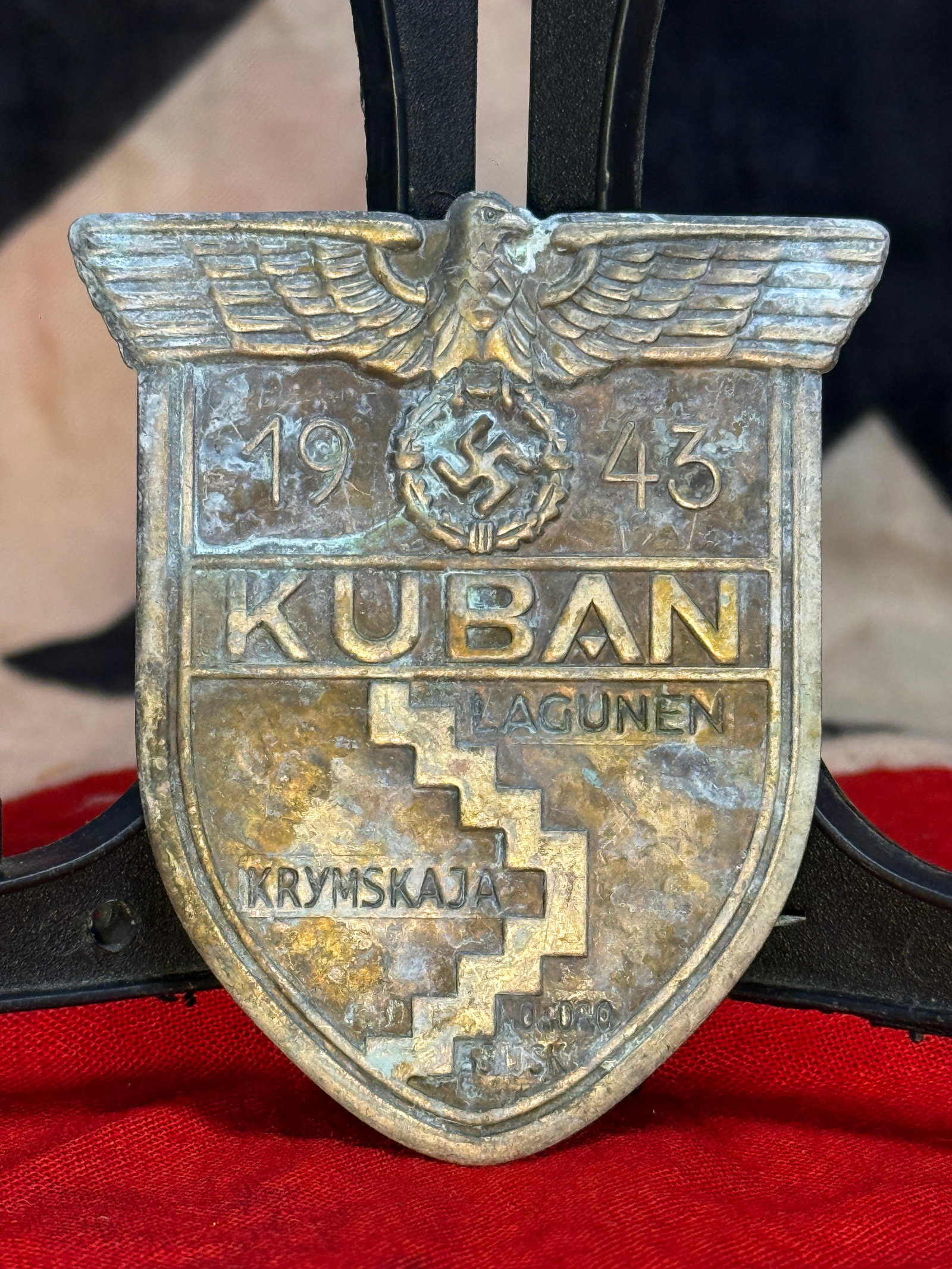 WWII German Kuban Campaign Shield (Kubanschild) 1943: The Kuban Campaign Shield (Kubanschild) was instituted on September 21, 1943, to recognize German Army, Luftwaffe, and Kriegsmarine personnel who served in the defense of the Kuban bridgehead on the T