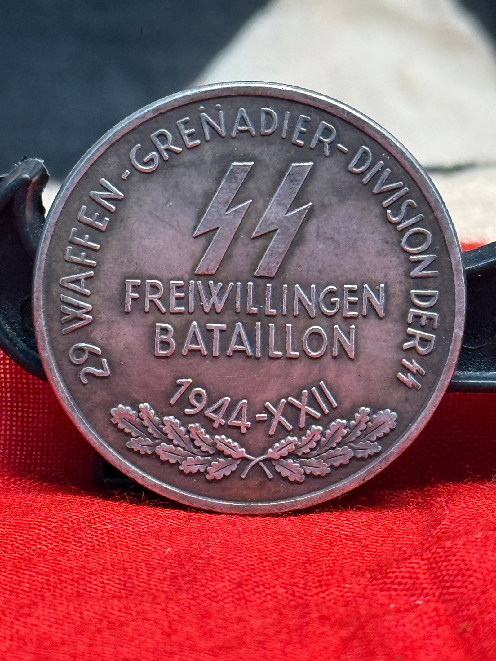WWII Waffen-SS 29th Grenadier Division "Italia" Commemorative Medal: This WWII Waffen-SS 29th Grenadier Division "Italia" Commemorative Medal bears the inscription "29 Waffen-Grenadier-Division der SS Freiwilligen Bataillon 1944-XII" on one side and "29ª Divisione Waf