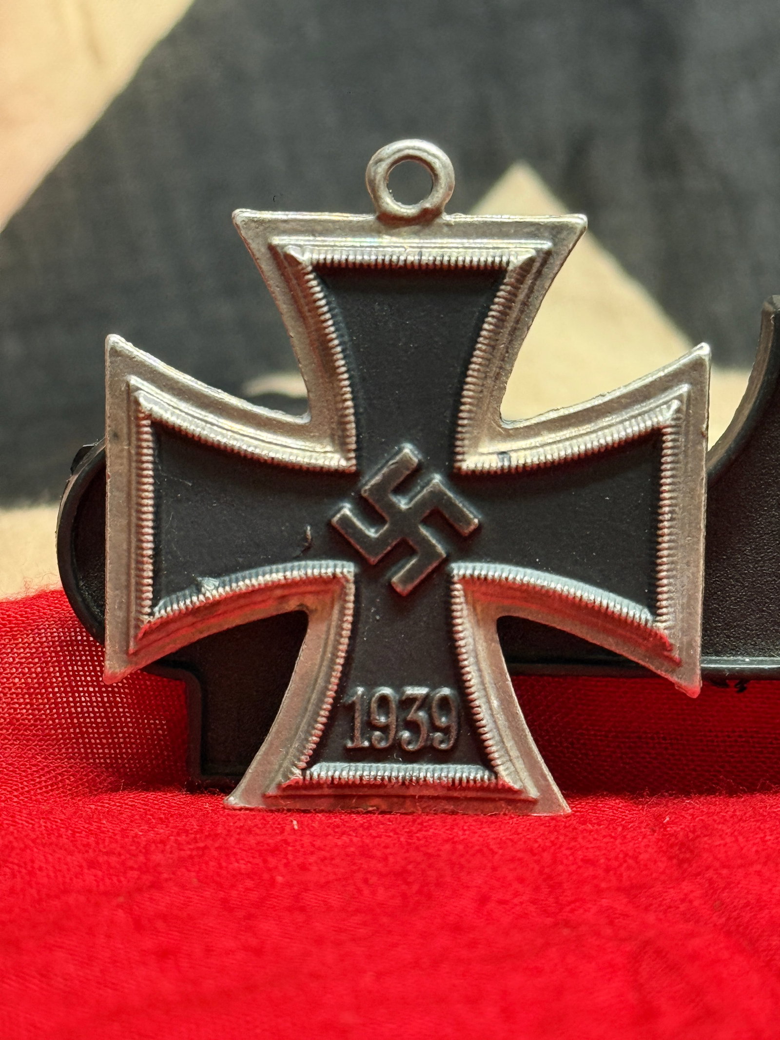 WWII German Iron Cross Second Class and First Class Display Set: This display features the iconic Iron Cross design with the 1939-dated Second Class on the obverse and the 1813 reverse, representing the traditional appearance of Germany's best-known military decora