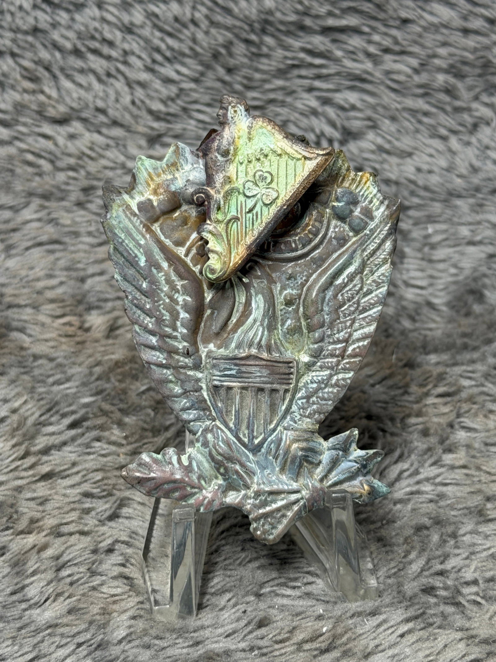 Civil War Era U.S. Eagle & Irish Harp Headgear Badge Insignia: Offered is a highly detailed U.S. military-style headgear badge featuring a large spread-wing American eagle with a striped shield at its breast, decorative foliage at the base, and an applied Irish h