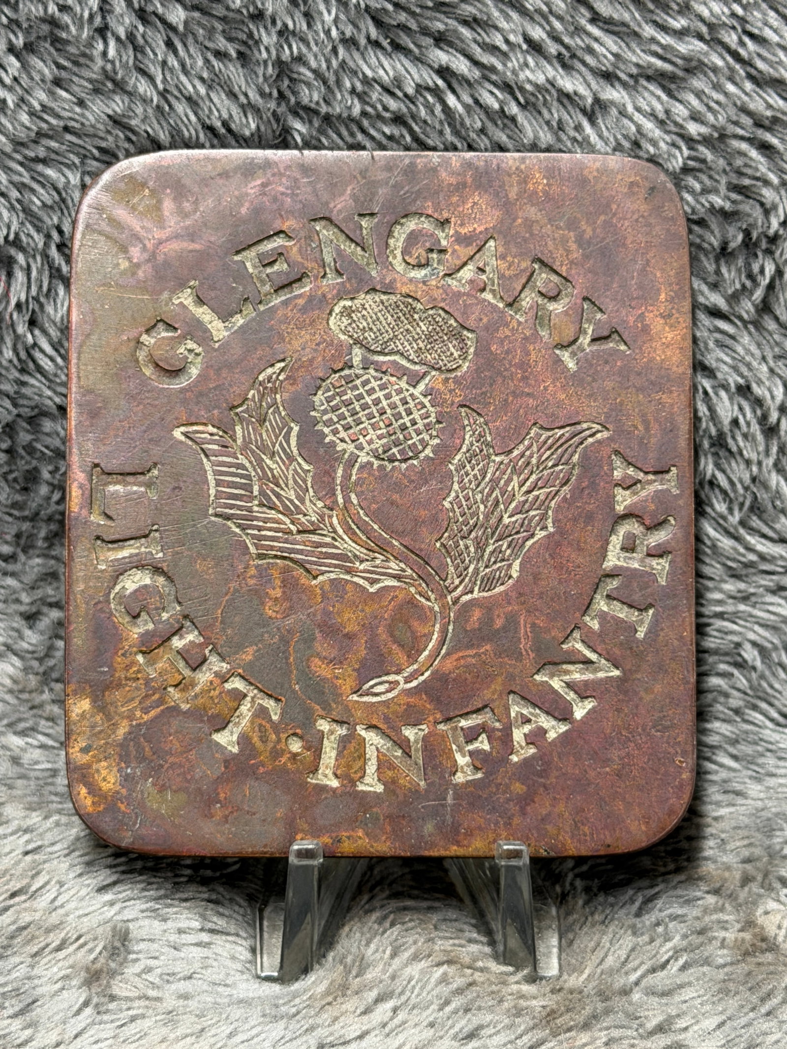 1800's Glen Garry Light Infantry Scottish Thistle Engraved Brass Belt Buckle Plate (1 of 3)