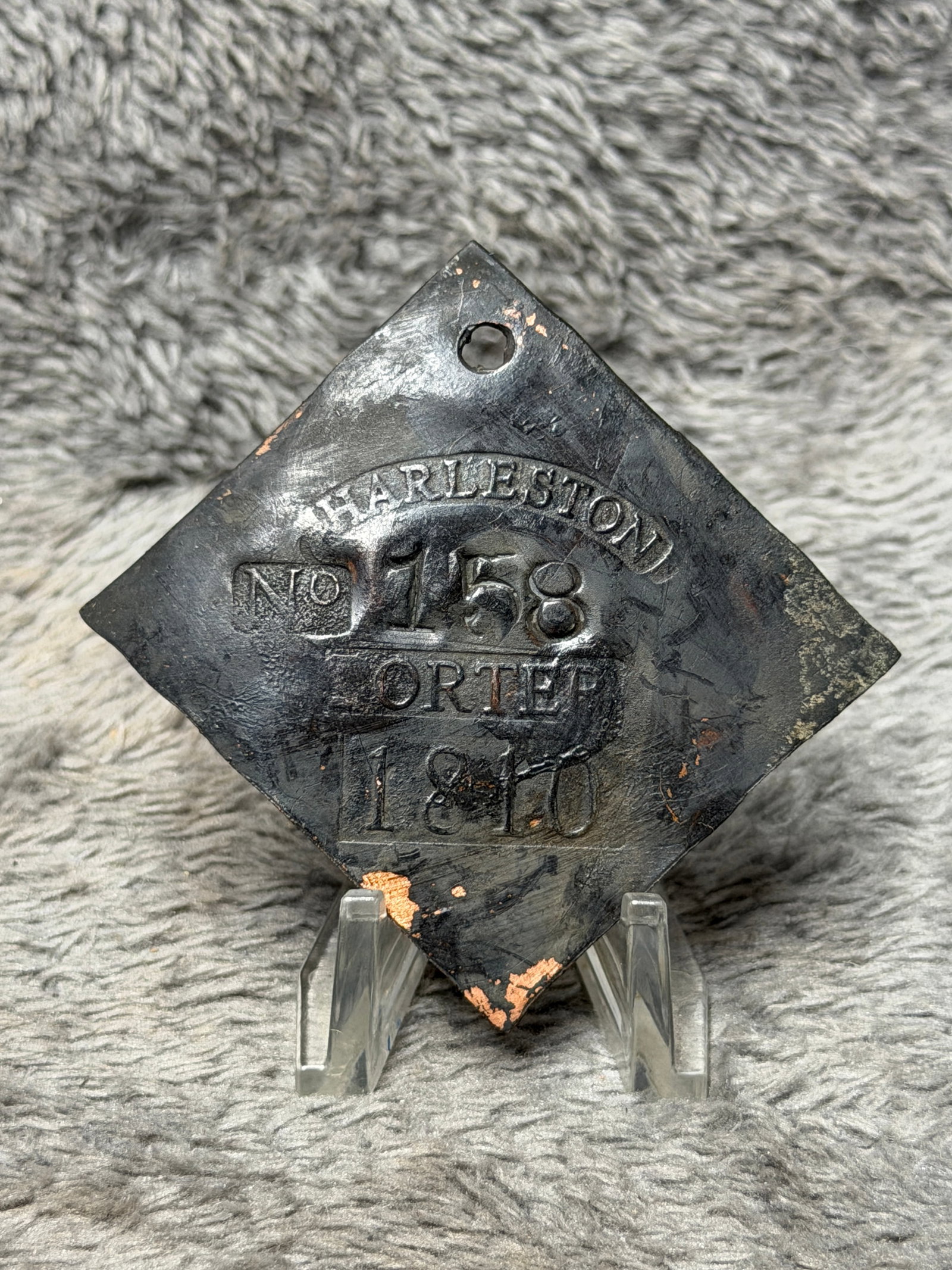 Dated 1810 Charleston Slave Hire Tag No. 158 PORTER – Charleson – Enslaved Servant ID Badge: Dated 1810 diamond-shaped Charleston slave hire tag marked “CHARLESTON” across the top, “No 158” at center, “PORTER” below, and “1810” along the bottom. The tag feature