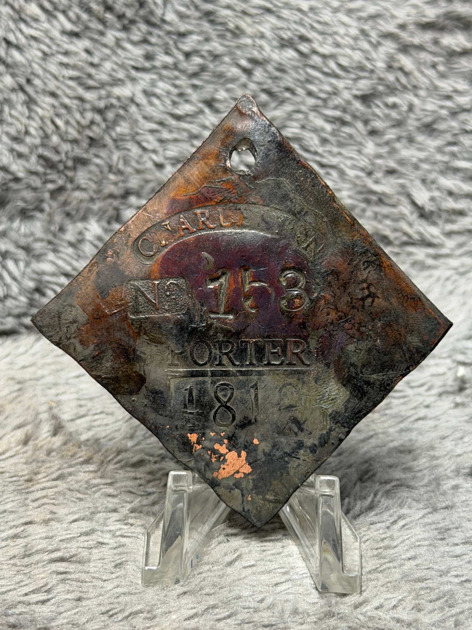 Dated 1810 Charleston Slave Tag No. 158 Porter Enslaved Hire Identification Badge: Diamond-shaped Charleston slave hire tag marked “CHARLESTON” across the upper portion, “No 158” at center, “PORTER” below, and dated “1810” along the bottom. A pierced 
