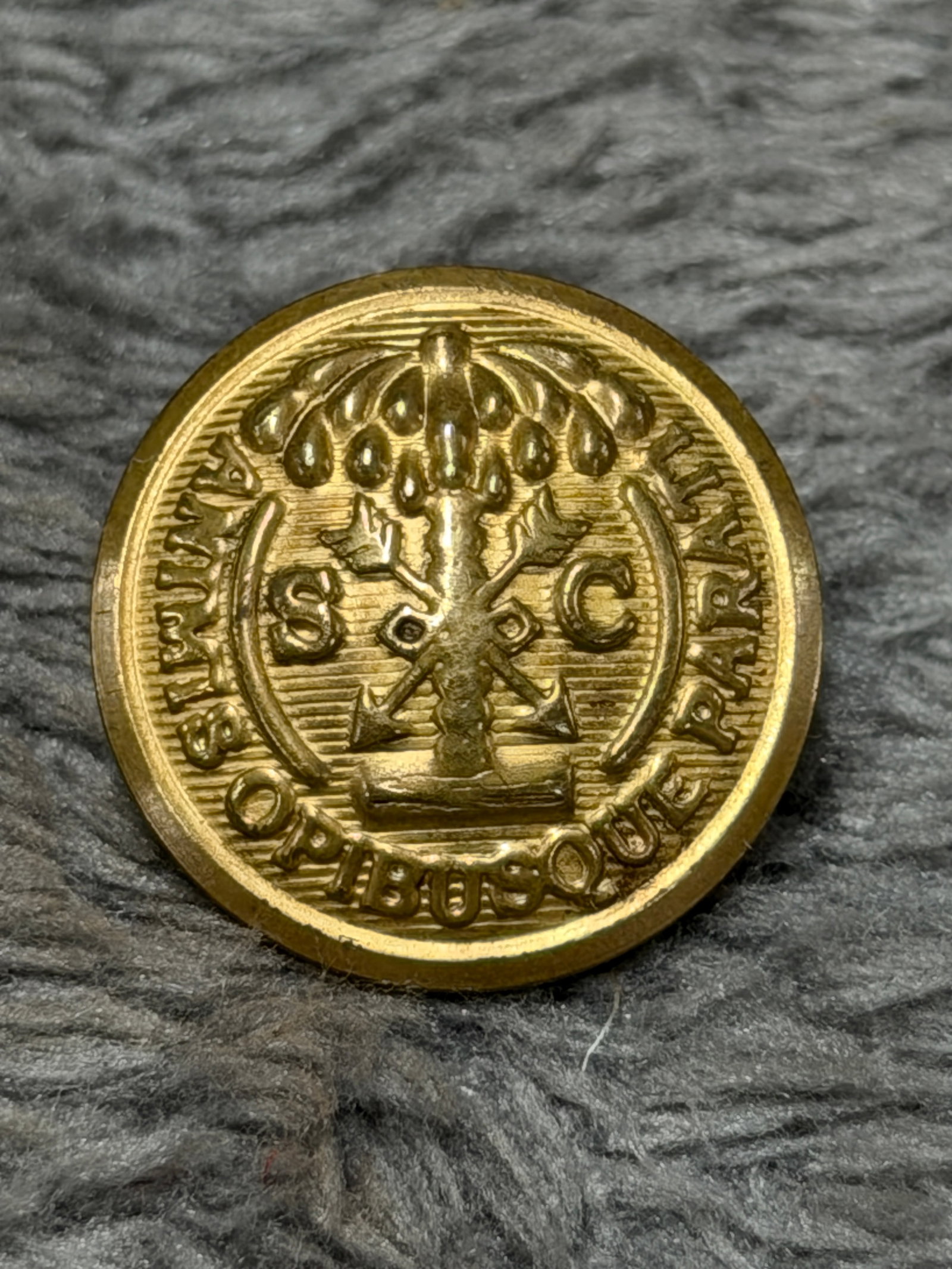 Civil War Confederate CSA South Carolina “Animis Opibusque Parati?? Palmetto Coat Button: This impressive Civil War Confederate CSA South Carolina coat button features a highly detailed rendition of the South Carolina state seal motif, centered by the iconic palmetto tree with crossed elem