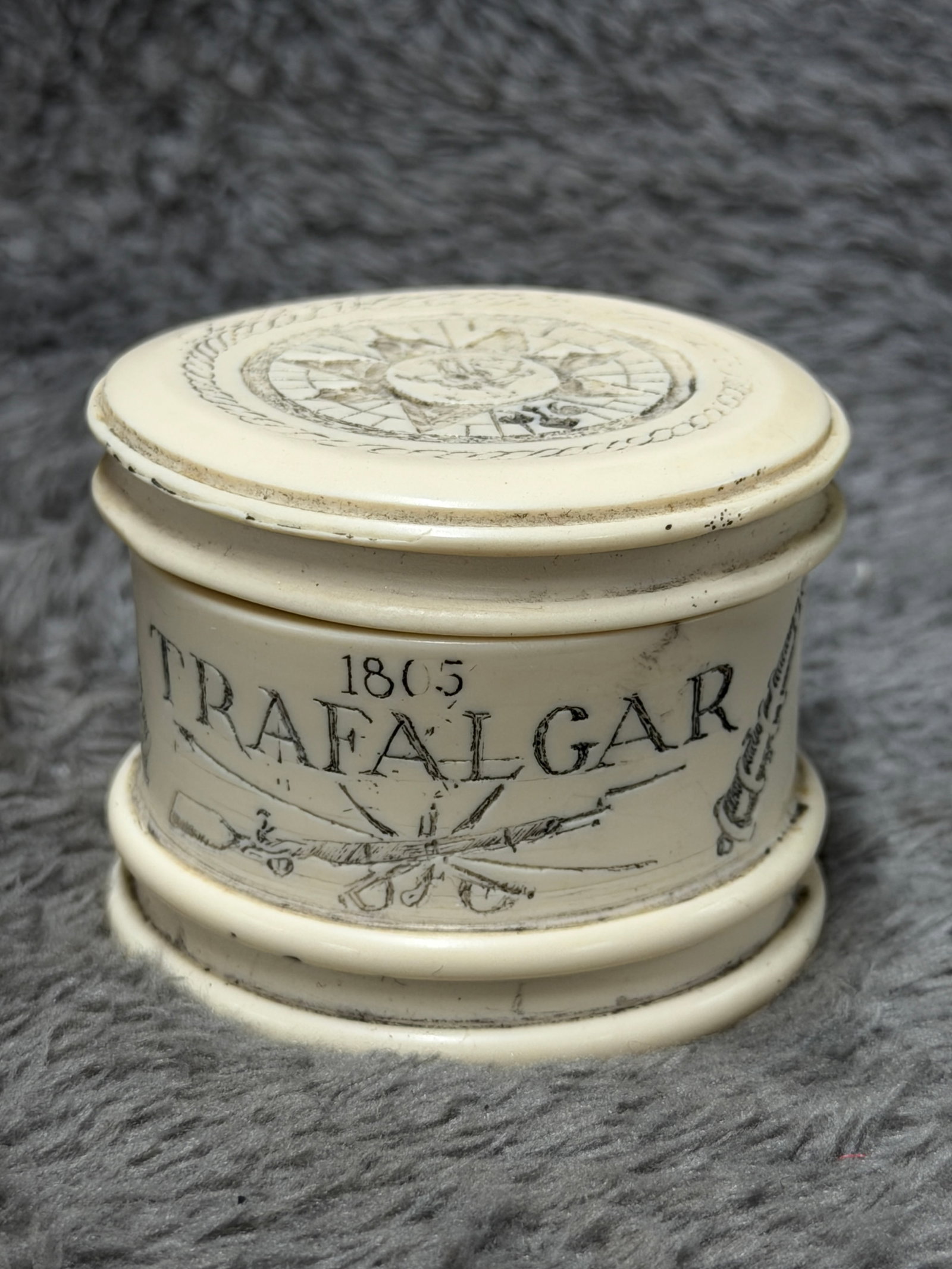 1805 Battle of Trafalgar Royal Navy Scrimshaw Naval Box: This highly decorative cylindrical naval-themed box commemorates the historic 1805 Battle of Trafalgar, the decisive Royal Navy victory fought during the Napoleonic Wars and forever associated with Ad