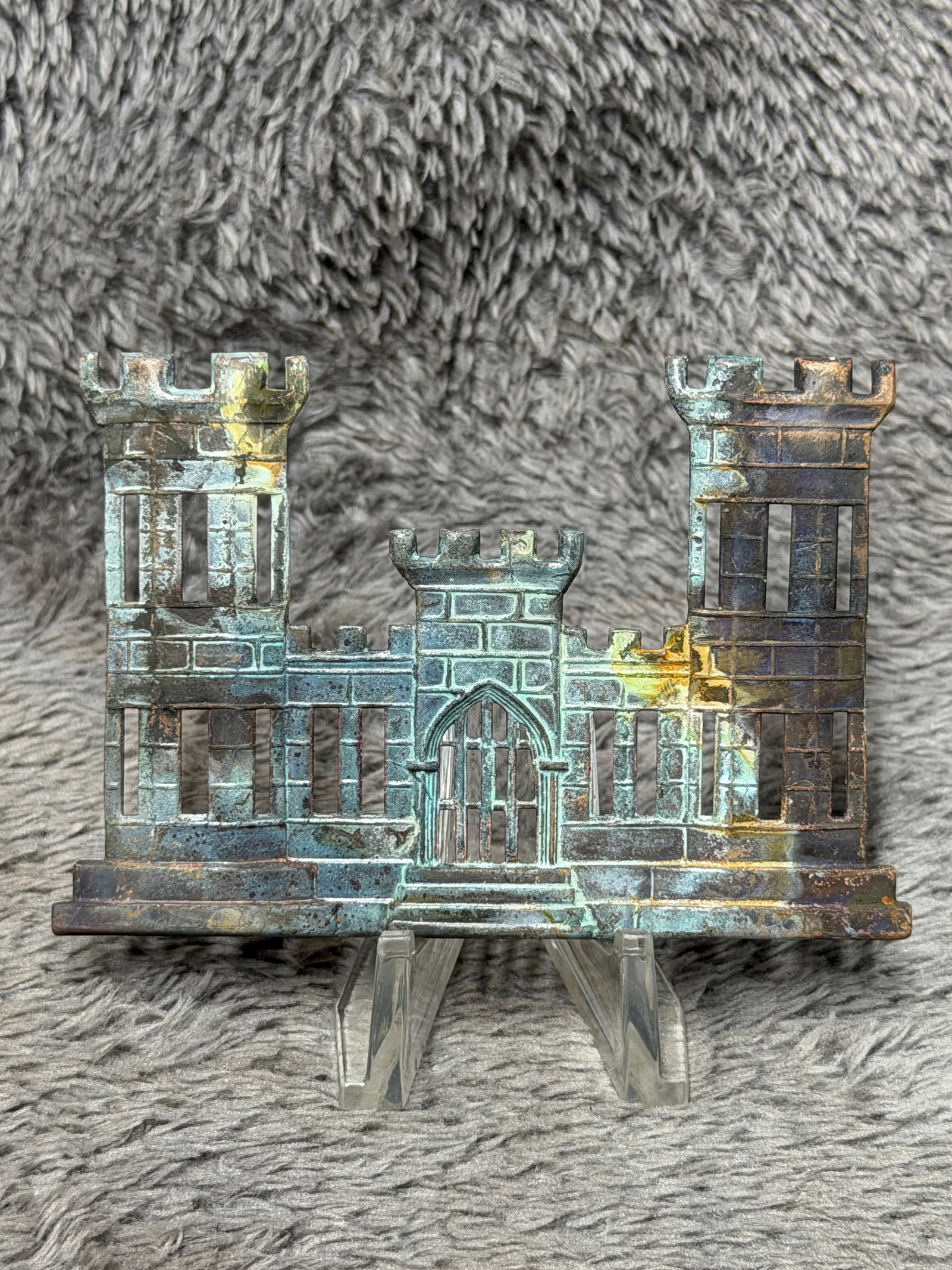 Civil War U.S. Army Corps of Engineers Turreted Castle Brass Hat Insignia: This impressive Civil War-era military insignia features the distinctive turreted castle emblem historically associated with the United States Army Corps of Engineers. Constructed in brass, the large 