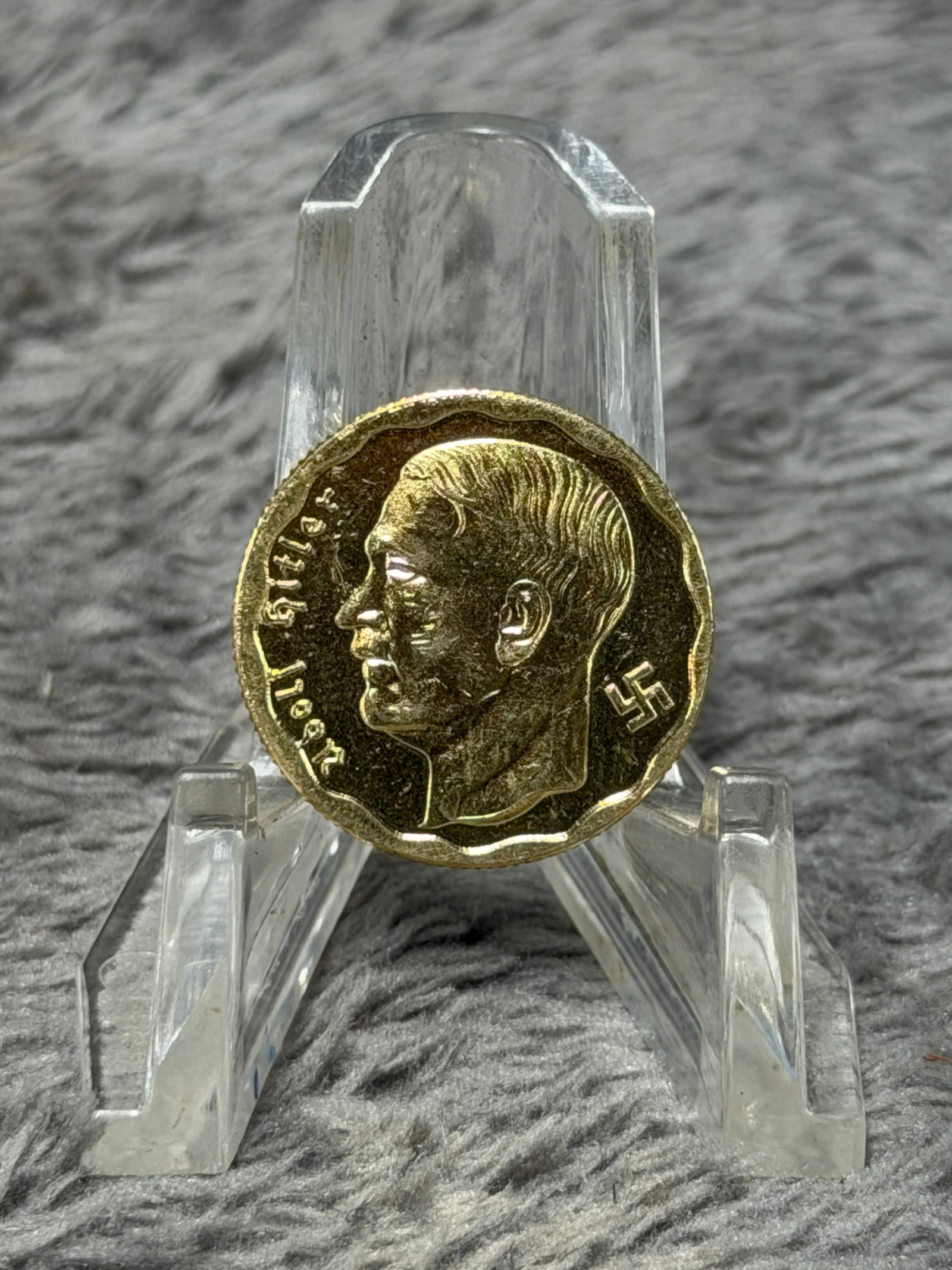 WWII German Adolf Hitler 1933 Berlin Brandenburg Gate 20 RM Commemorative Coin: WWII-era German commemorative coin featuring a raised left-facing portrait of Adolf Hitler on the obverse, accompanied by his name in Gothic lettering and a swastika emblem. The reverse presents a det