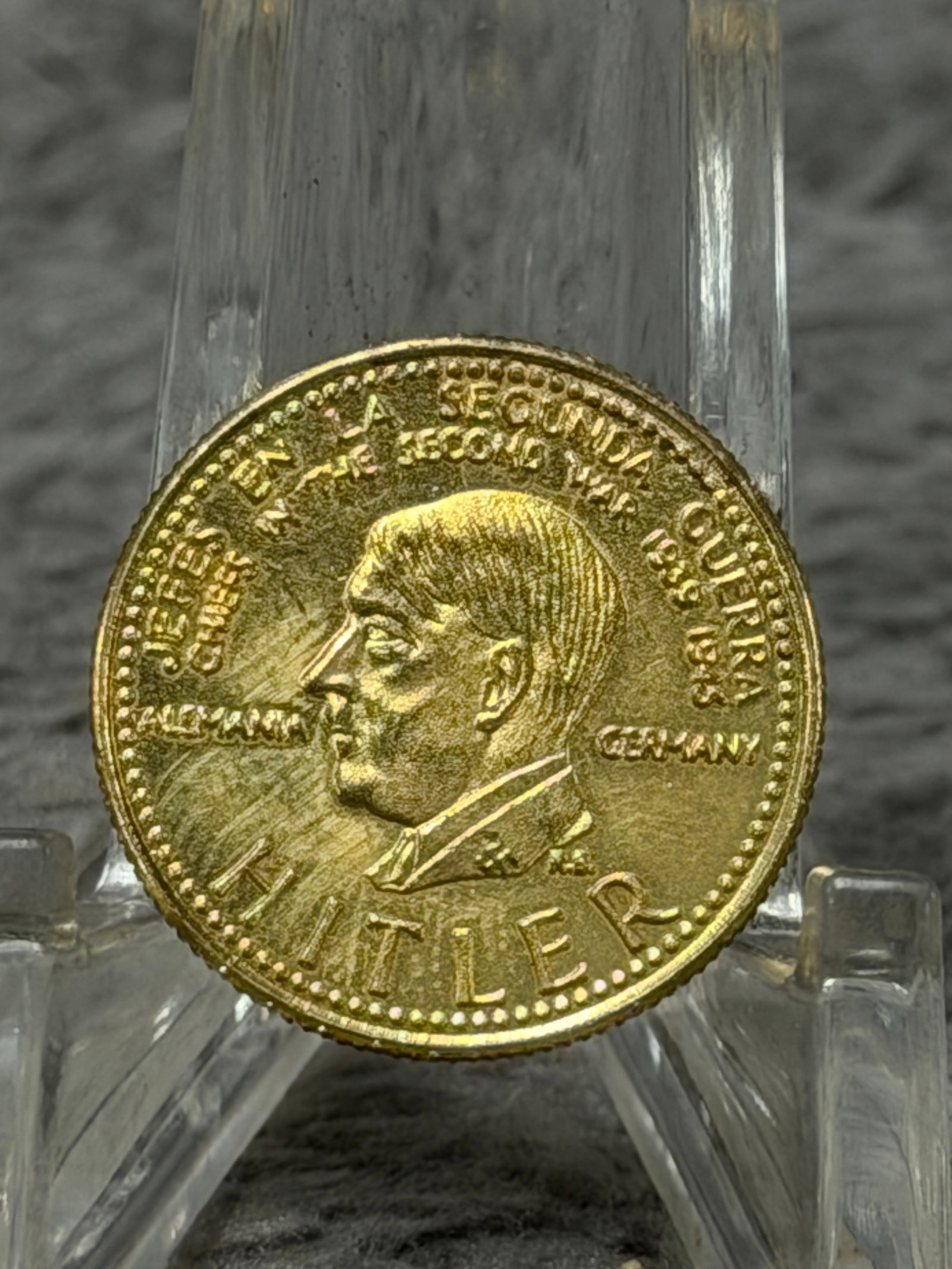 WWII German Adolf Hitler “A Second Guernica?? Spanish Civil War Propaganda Commemorative Medal: WWII-period German-themed gold-tone political propaganda medal featuring a left-facing portrait of Adolf Hitler in military dress surrounded by the prominent inscription “HITLER – A SECOND GUERNIC