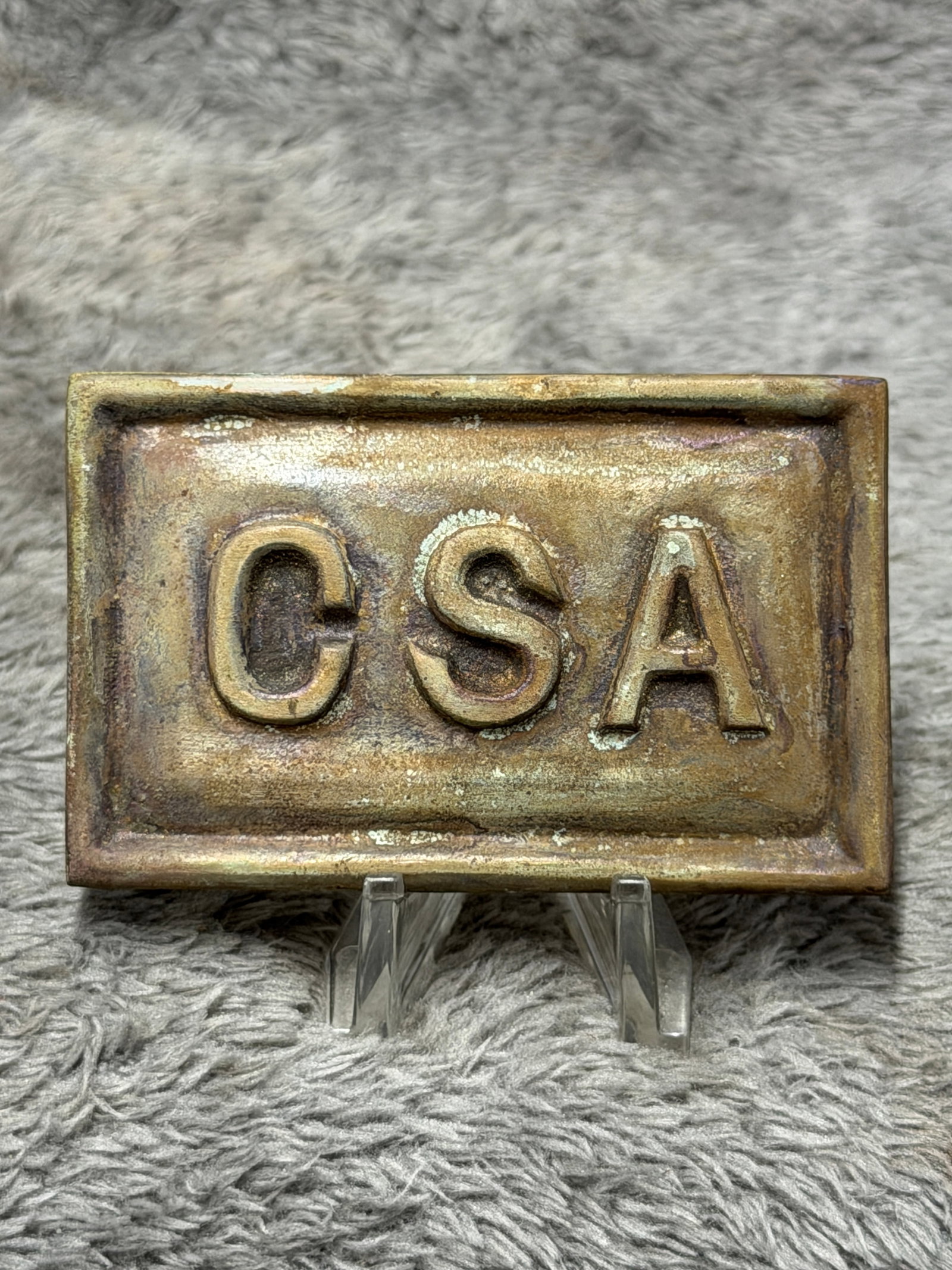 Civil War Confederate CSA Brass Rectangular Belt Plate: Substantial Civil War-era Confederate brass belt plate featuring the large raised letters “CSA” prominently displayed across the face within a recessed rectangular field and heavy raised borde