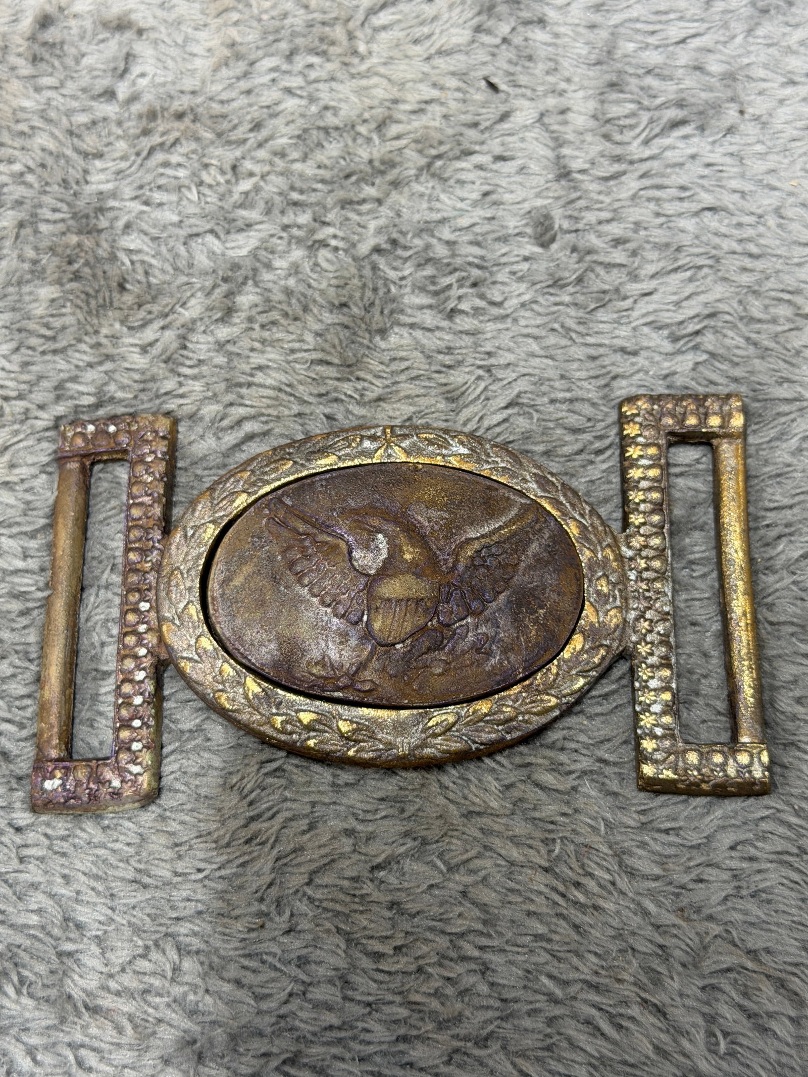 Civil War U.S. Army Officer Eagle & Laurel Wreath Two-Piece Brass Sword Belt Buckle: Ornate Civil War-era U.S. military sword belt buckle constructed in a distinctive two-piece interlocking configuration, featuring a large oval central medallion displaying a spread-wing American eagle