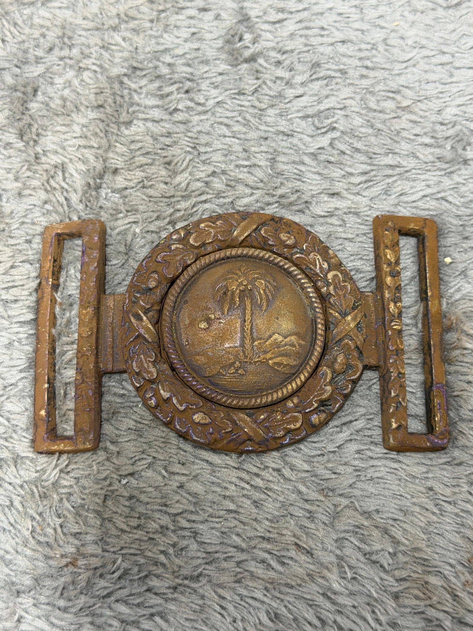 Civil War Confederate South Carolina Palmetto State Two-Piece Officer Sword Belt Buckle: Striking Civil War-era Confederate South Carolina sword belt buckle featuring an ornate two-piece interlocking construction with a prominent circular center medallion depicting the Palmetto tree, one 