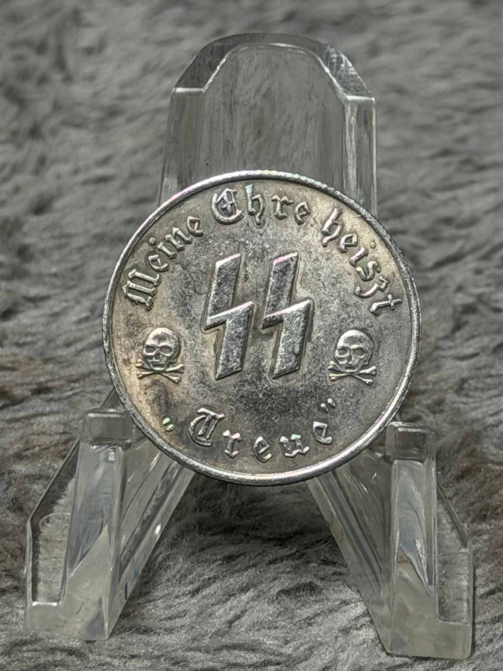 WWII German Waffen-SS “Meine Ehre Heißt Treue?? 50 Groschen Fantasy Token with Totenkopf: WWII German-themed Waffen-SS commemorative token featuring prominent SS and Totenkopf imagery. One face displays the large SS runes at center, flanked by two skull-and-crossbones emblems, with the Got