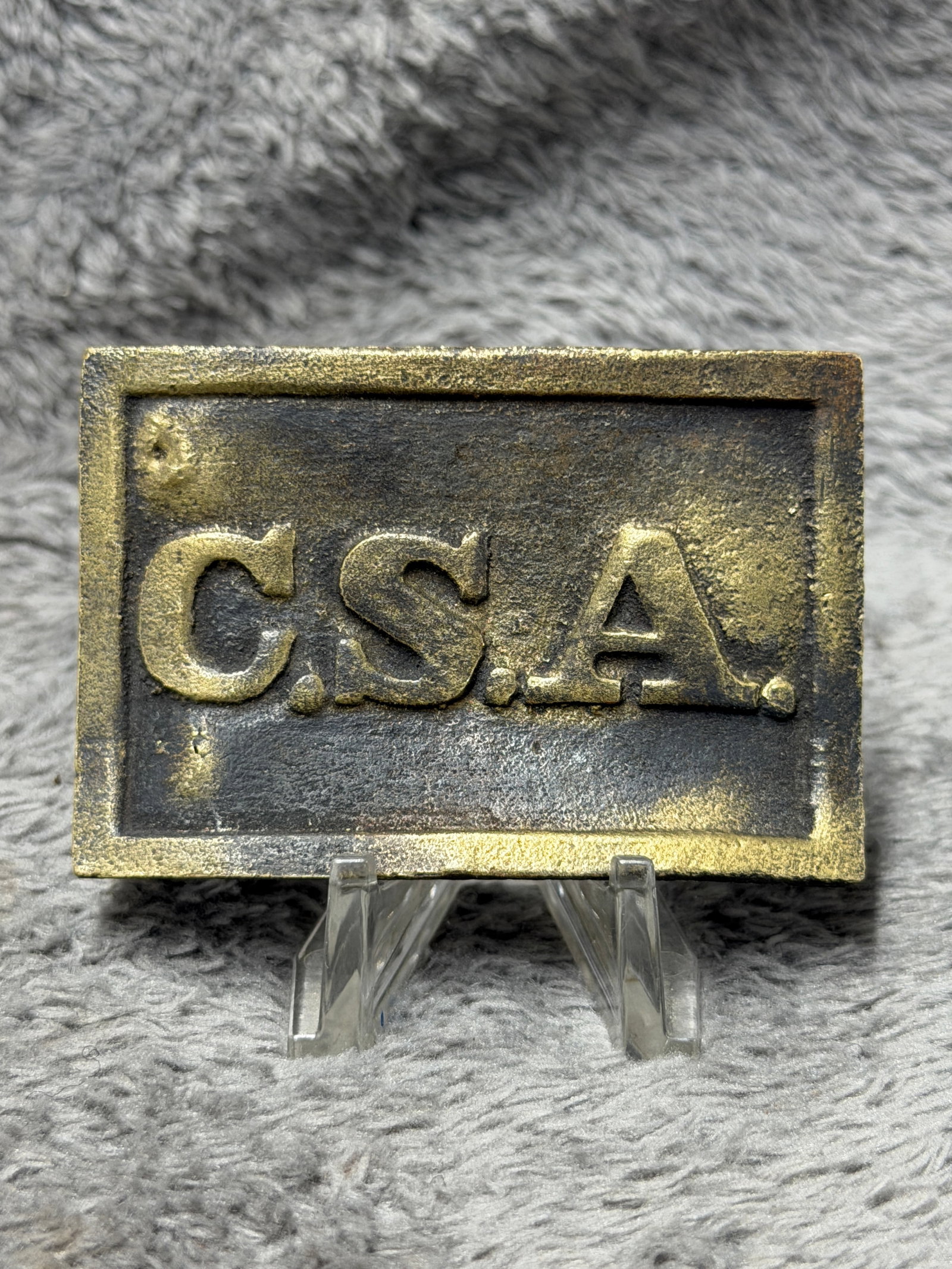 Civil War Confederate CSA Brass Rectangular Belt Buckle Plate: Impressive Civil War Confederate-associated rectangular brass belt plate prominently displaying the raised letters “C.S.A.” across the face, an abbreviation for the Confederate States of Ameri