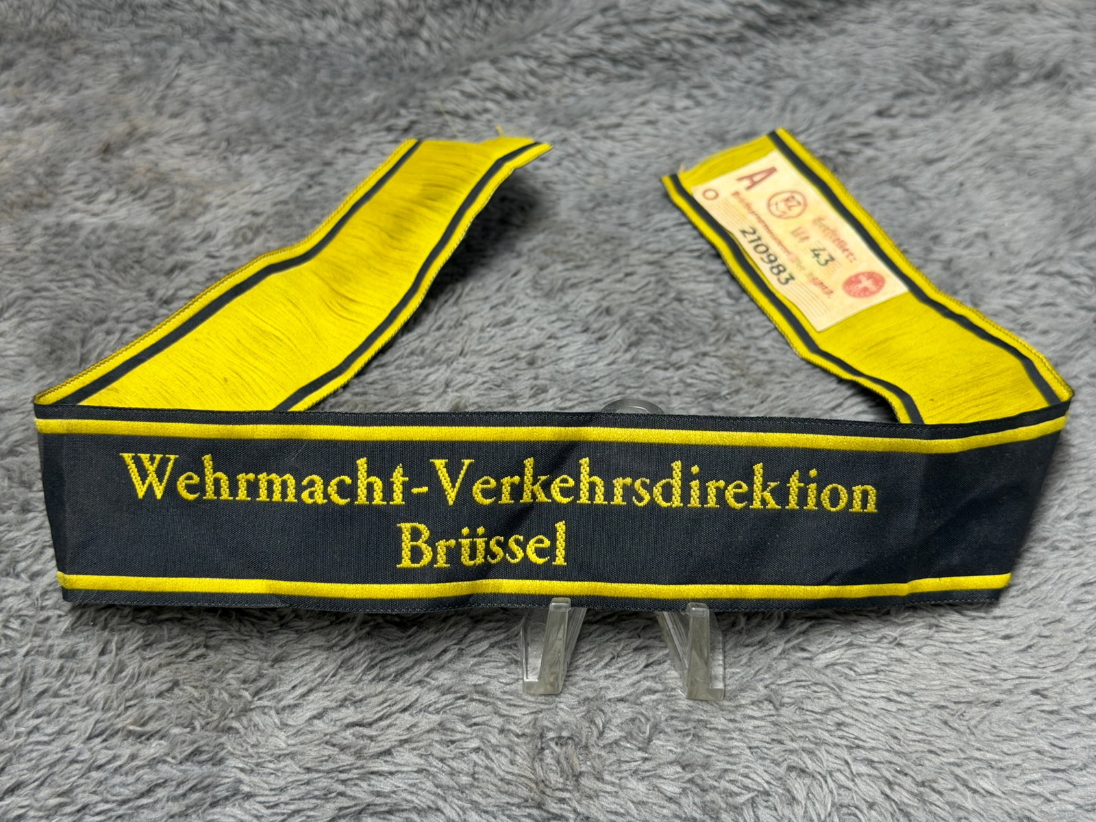 WWII German Wehrmacht-Verkehrsdirektion Brüssel Railway Directorate Cuff Title – RZM Label: WWII German Wehrmacht-Verkehrsdirektion Brüssel cuff title associated with the German military transportation and railway administration operating in occupied Brussels, Belgium. The band is construct