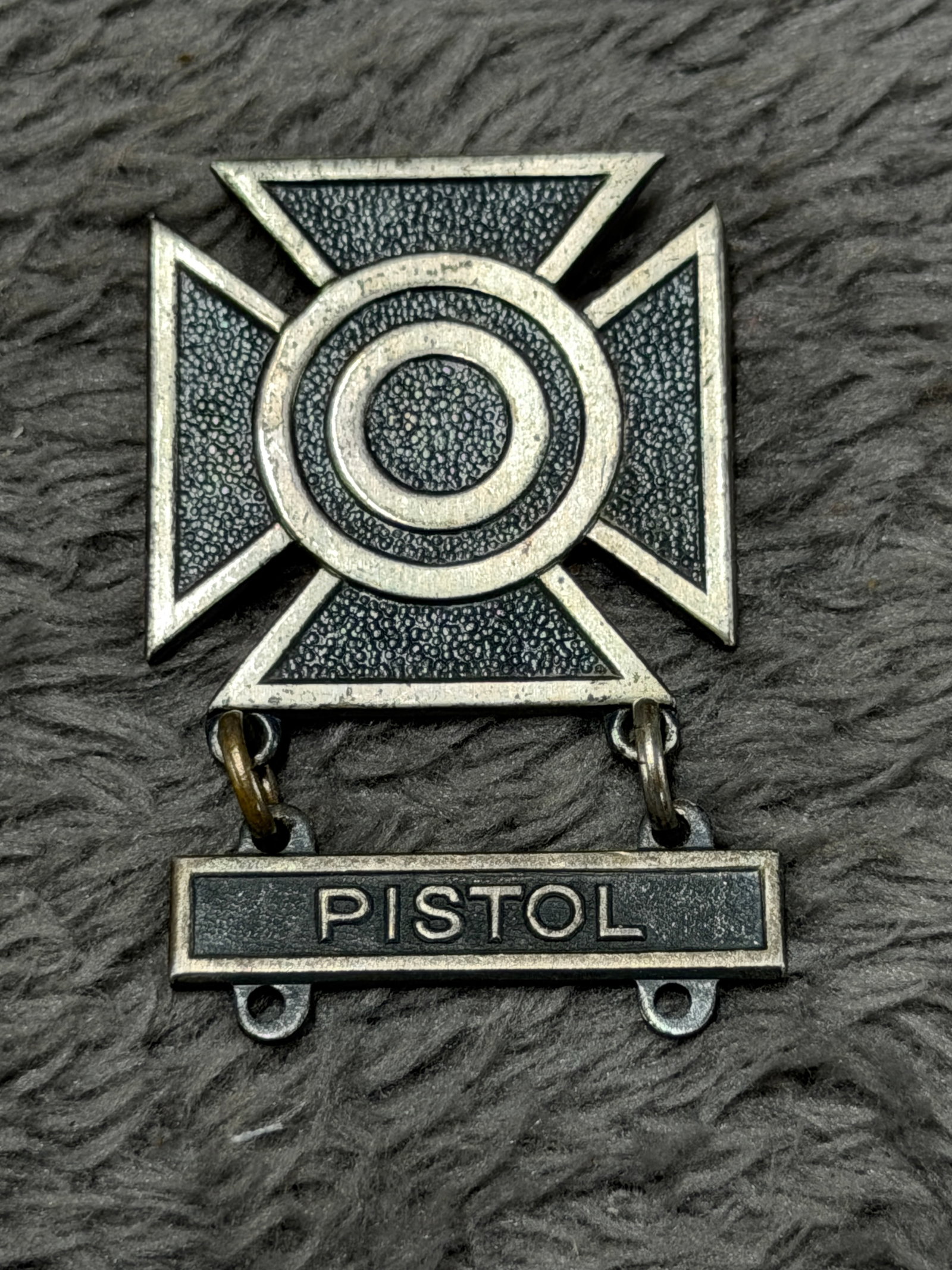 U.S. Military Sterling Pistol Marksmanship Qualification Badge – Meyer Shield Marked (1 of 3)