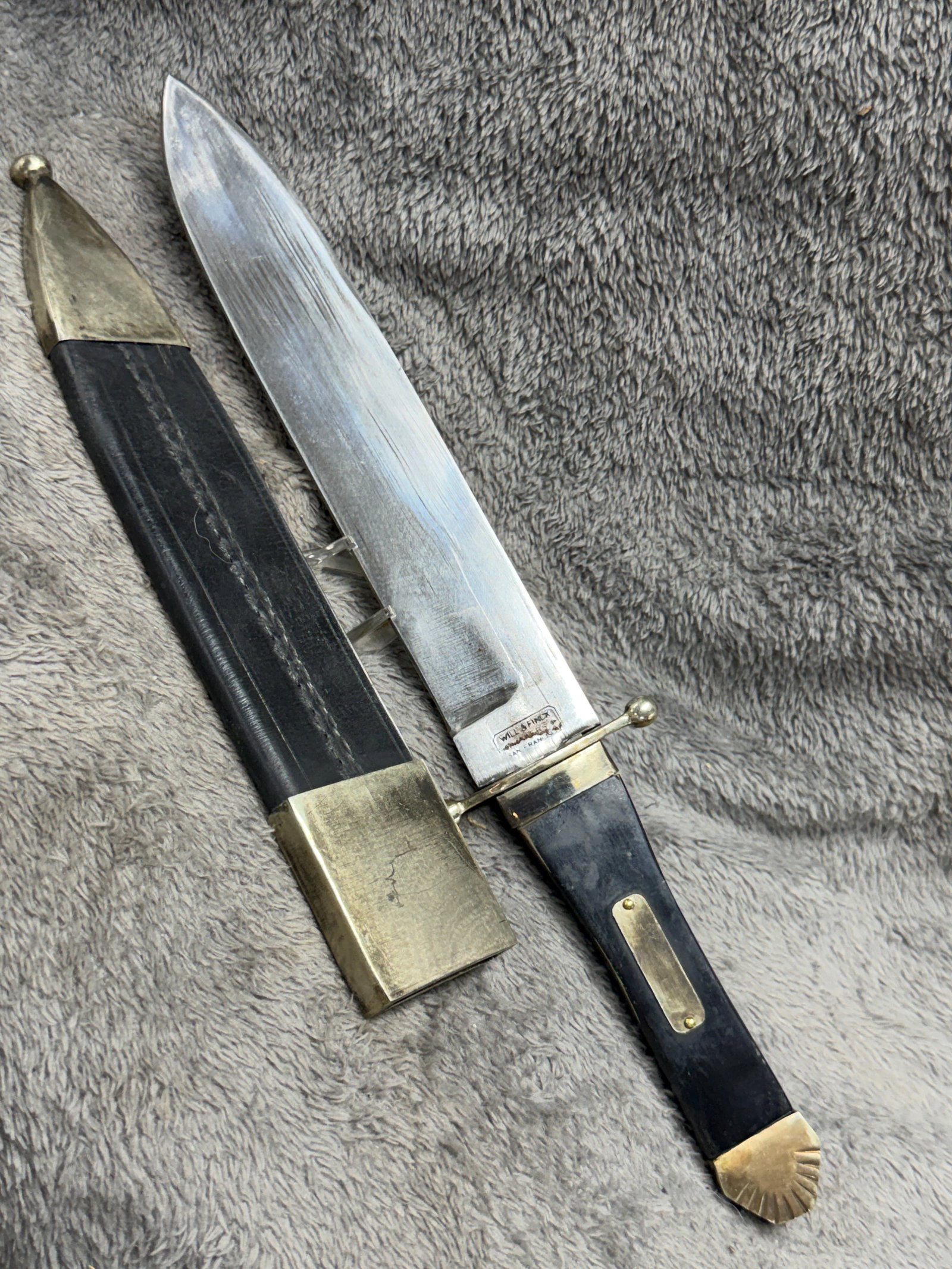 1800s Will & Finck San Francisco Large Bowie Knife with Brass-Mounted Sheath: Impressive 19th-century large Bowie knife marked “WILL & FINCK / MFG CO / SAN FRANCISCO” at the base of the blade, presenting the substantial proportions and bold construction associated with 