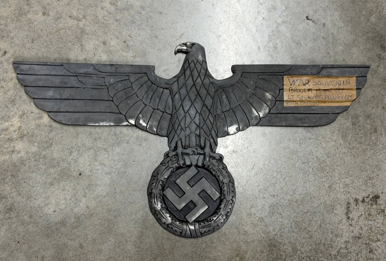 WWII German Third Reich Large Reichsadler Eagle & Swastika Railway Wall Plaque – U.S. 90th: Imposing WWII German Third Reich Reichsadler eagle wall or architectural plaque featuring a dramatically outstretched eagle clutching a large circular oak-leaf wreath surrounding a raised swastika. Th