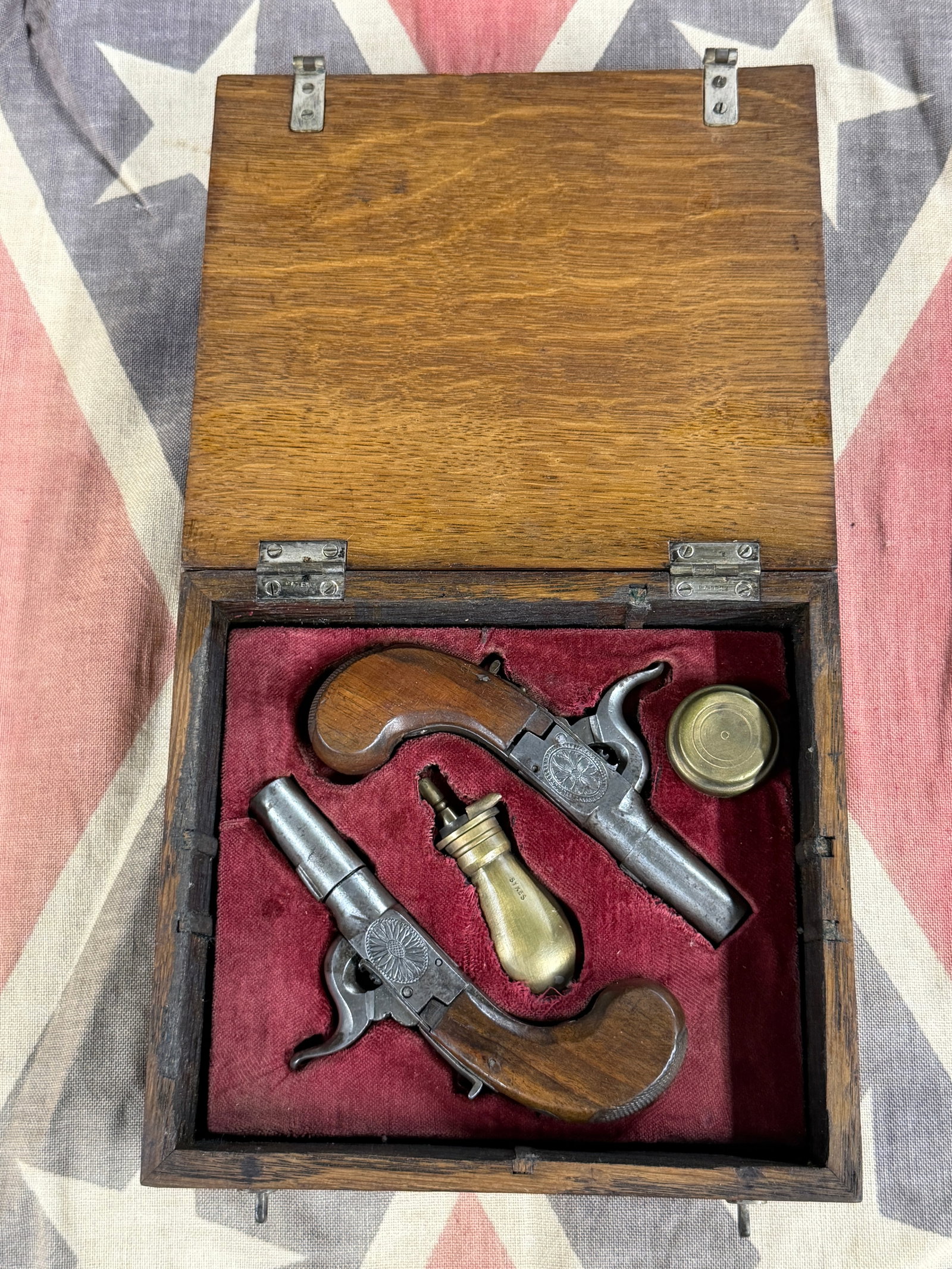 Cased Pair of 1800s Percussion Pocket Pistols with Powder Flask & Accessories (1 of 16)