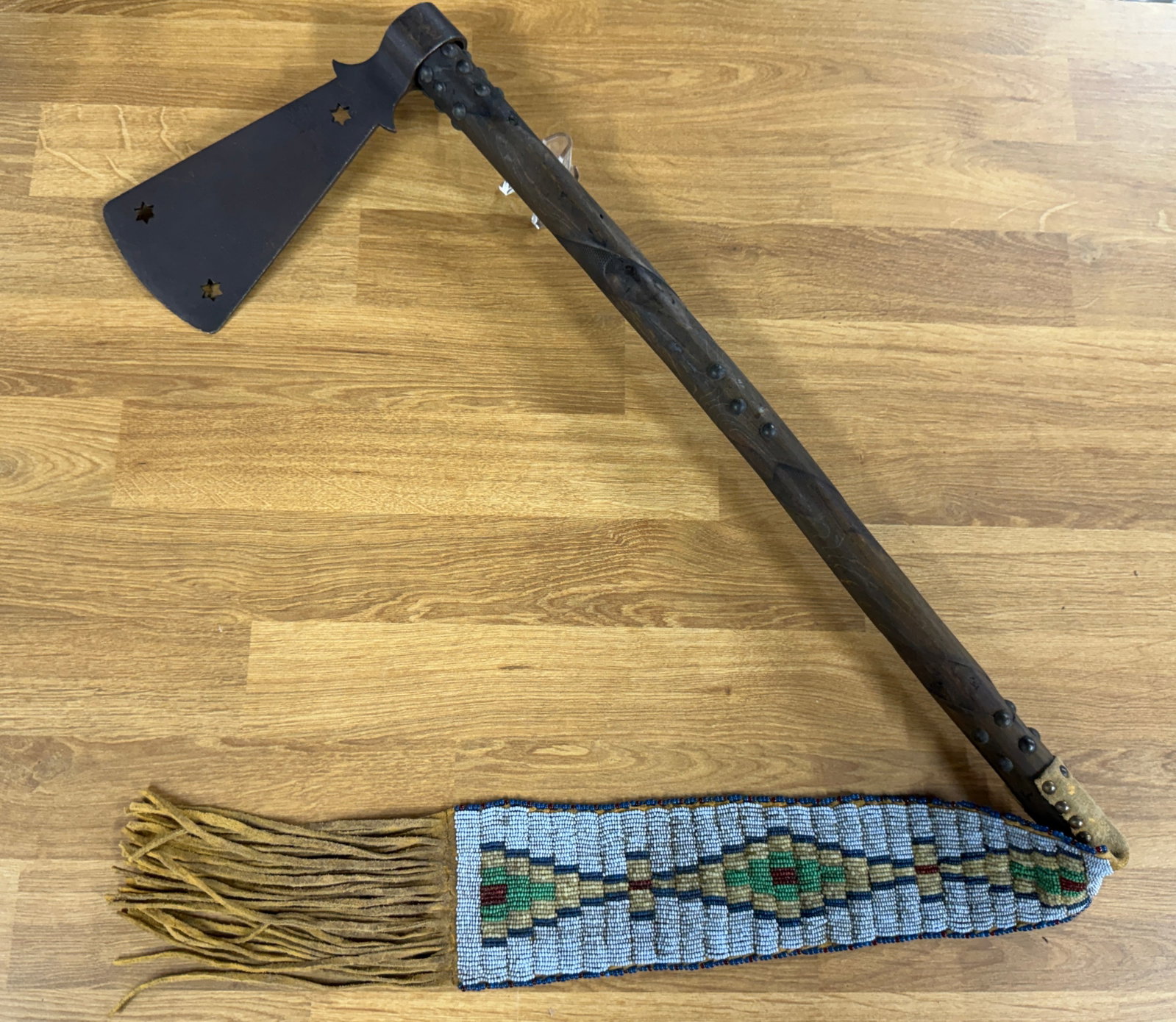 1800s Native American Crow Indian Beaded Ceremonial Pipe Tomahawk with Star-Cut Blade & Fringed Drop (1 of 13)
