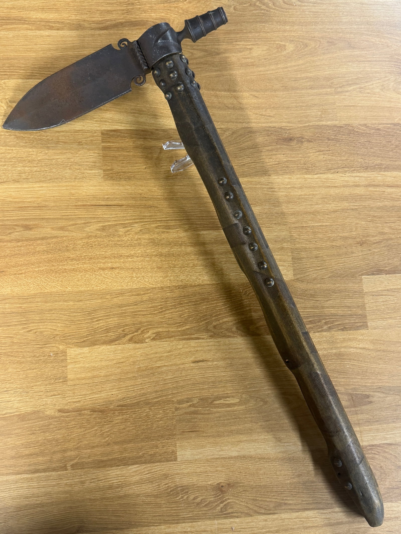 1800s Apache Indian Pipe Tomahawk with Large Knife Blade & Studded Wood Haft (1 of 9)
