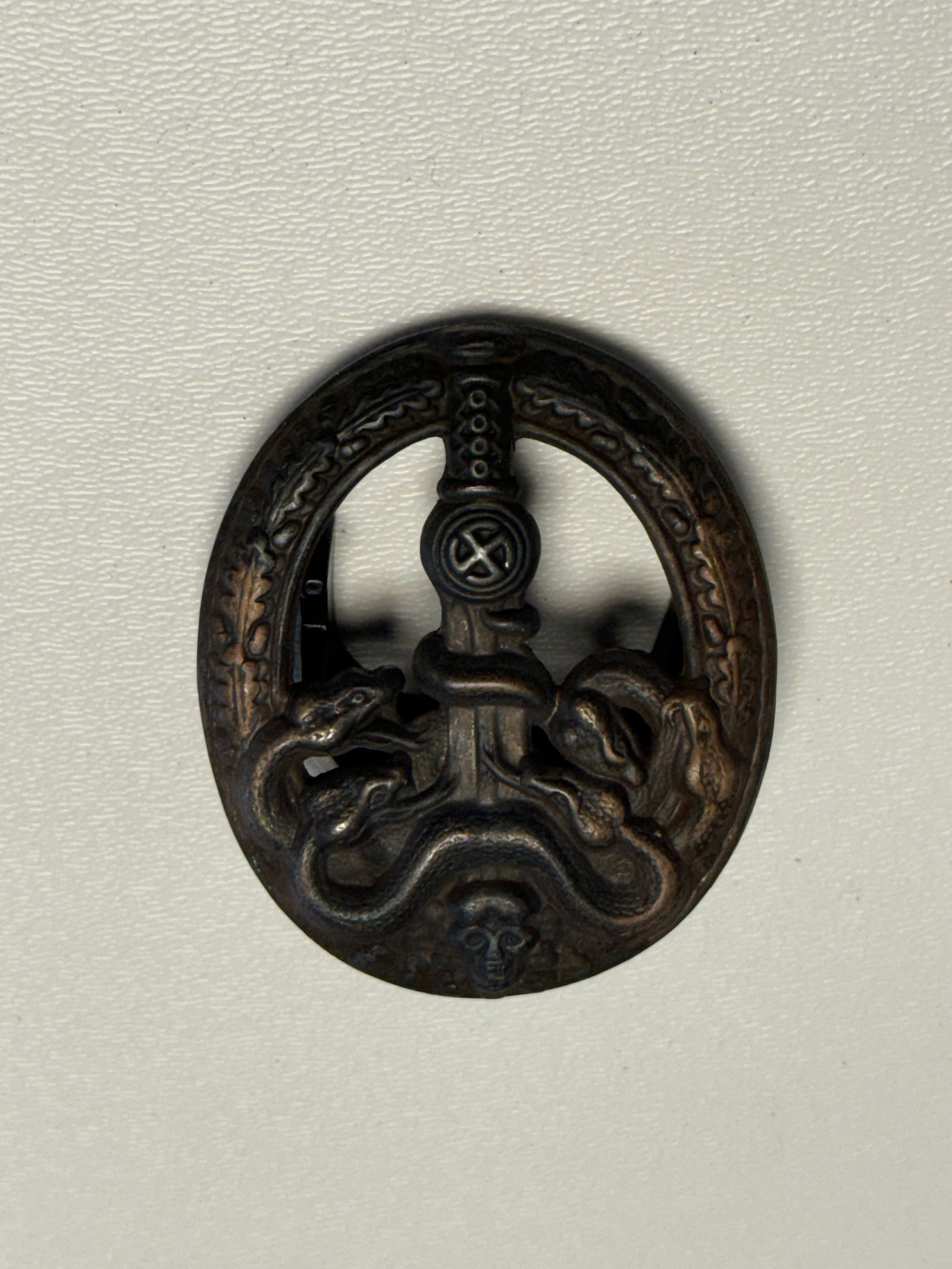 WWII German Anti-Partisan Warfare Badge – Bronze Grade: WWII German Anti-Partisan Warfare Badge (Bandenkampfabzeichen) featuring the distinctive oval oak-leaf wreath surrounding a central sword with sun-wheel emblem, intertwined multi-headed serpents below