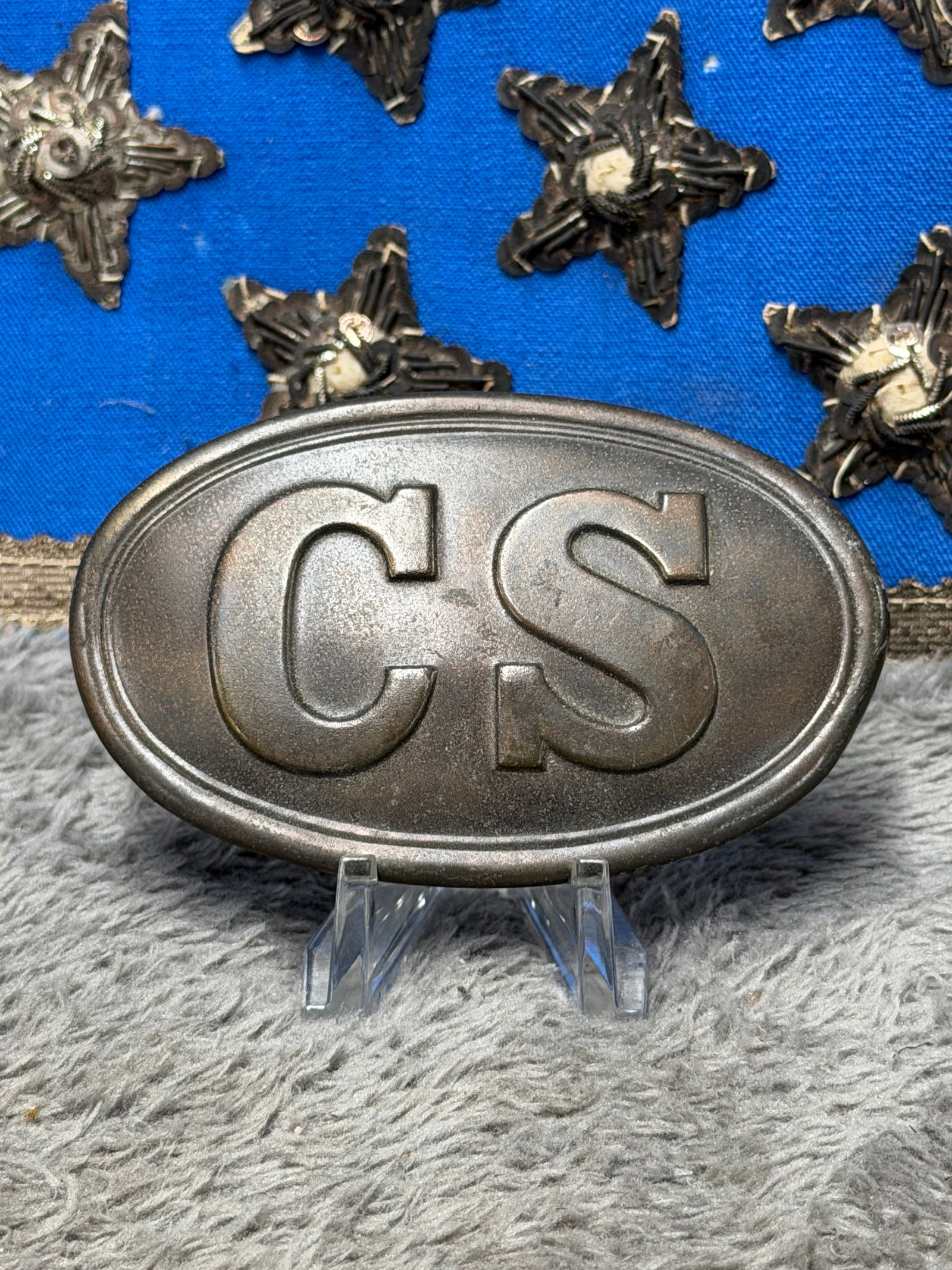 Civil War Confederate CSA “CS?? Oval Belt Plate Buckle: Impressive Civil War Confederate States “CS” oval belt plate featuring large raised block letters “CS” prominently displayed across the face within a double-line oval border. The plate