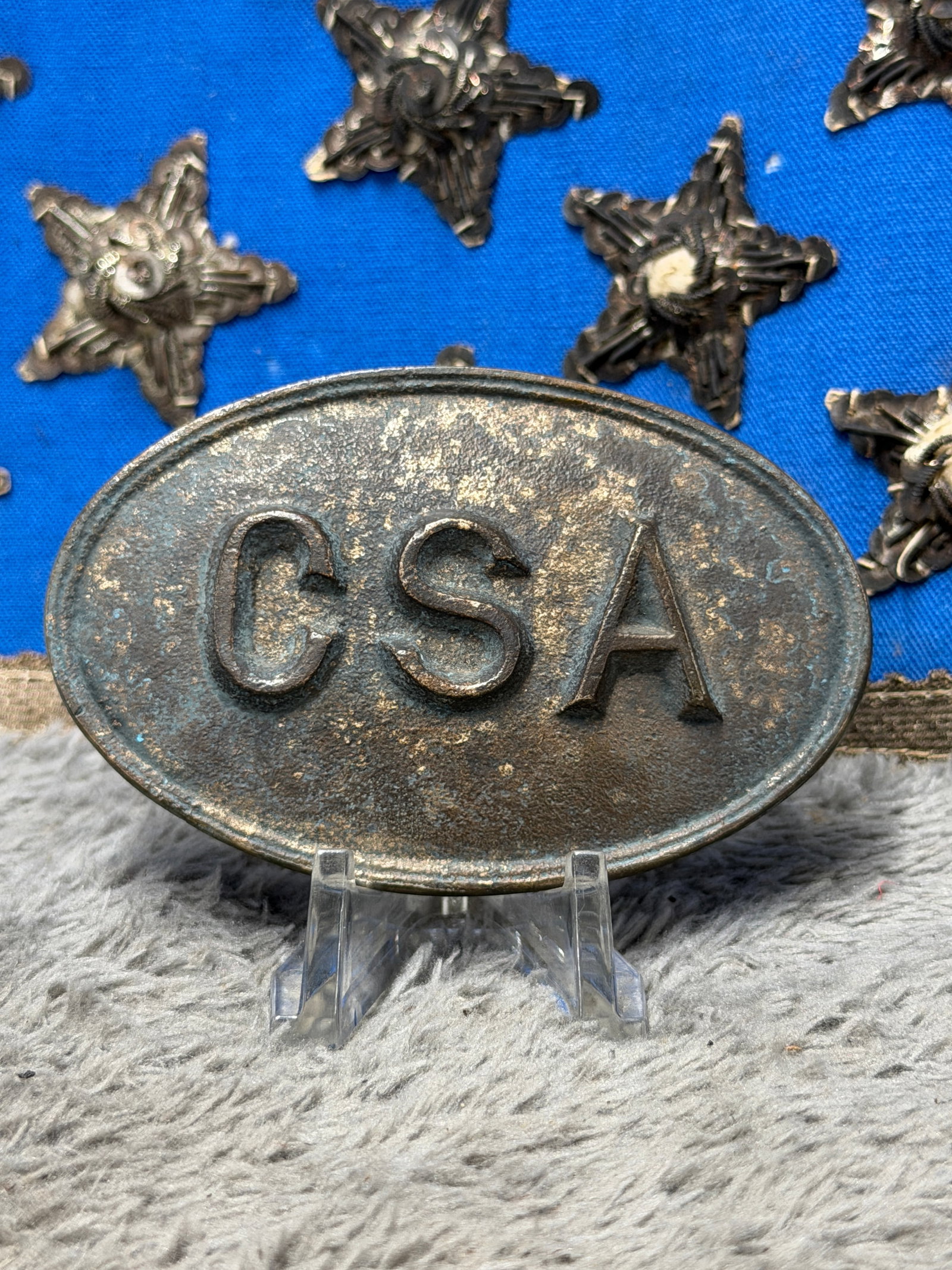 Civil War Confederate CSA Oval Belt Plate Buckle with Raised CSA Letters: Impressive Civil War Confederate States of America oval belt plate featuring large raised “CSA” lettering across the face within a pronounced double-line border. The substantial metal plate di
