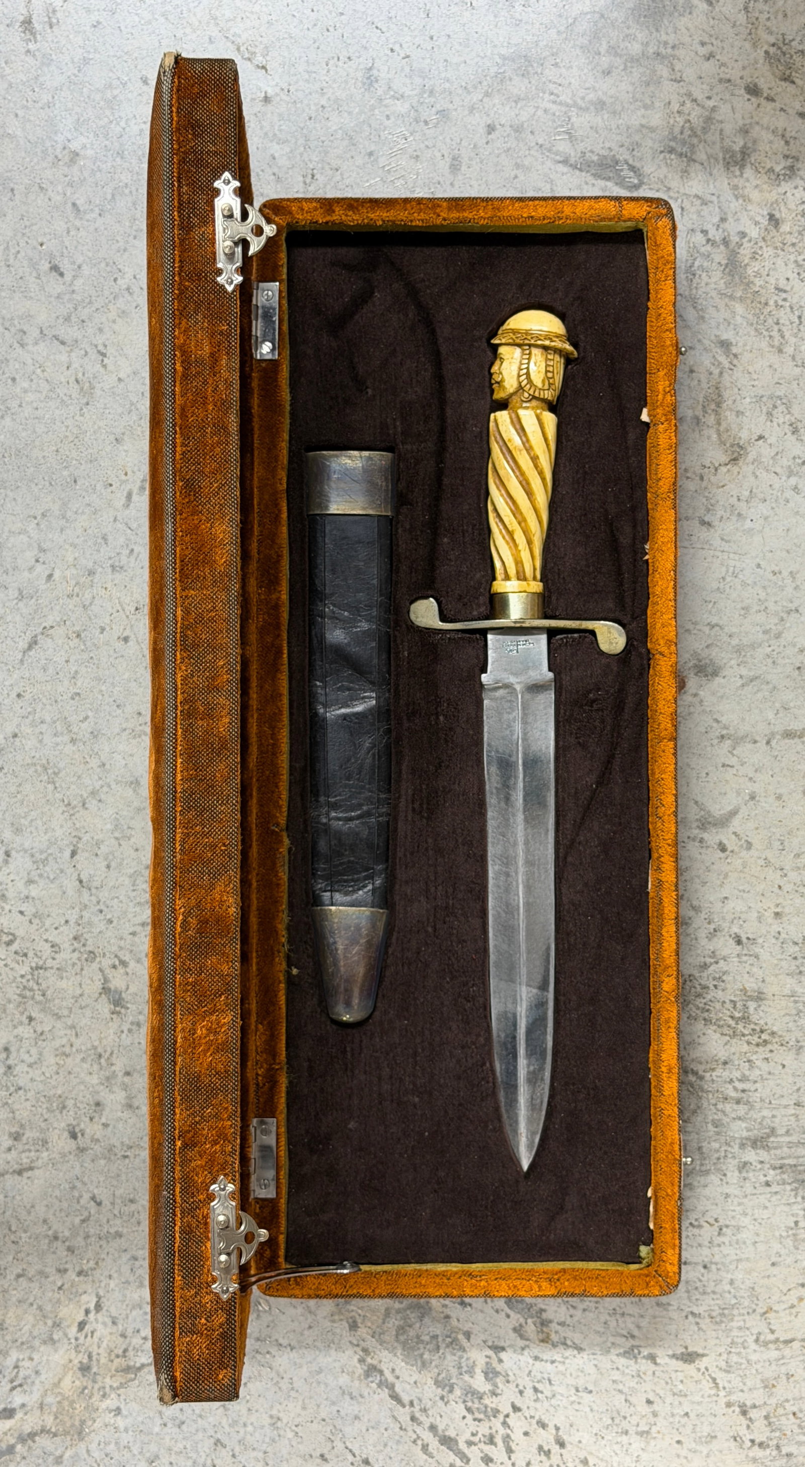 1800s Sheffield Bowie Knife with Carved Figural Handle & Sheath – Warranted Cast Steel (1 of 9)