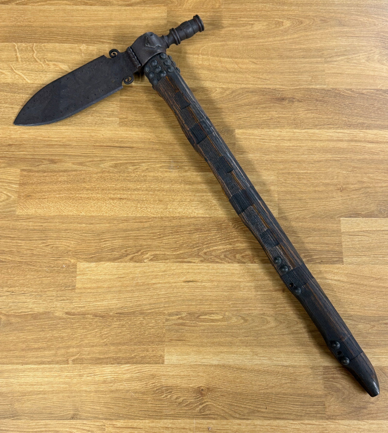 1800s Native American Cheyenne Indian Pipe Tomahawk with Pierced Blade & Studded Wood Haft (1 of 10)