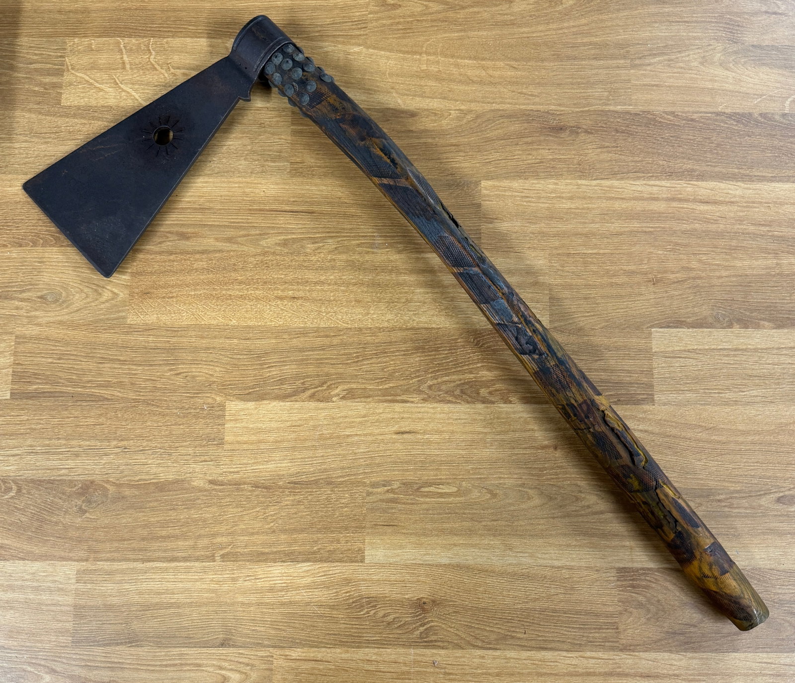 1800s Native American Sioux Indian Sun-Pierced Pipe Tomahawk with Decorated Wood Haft (1 of 10)