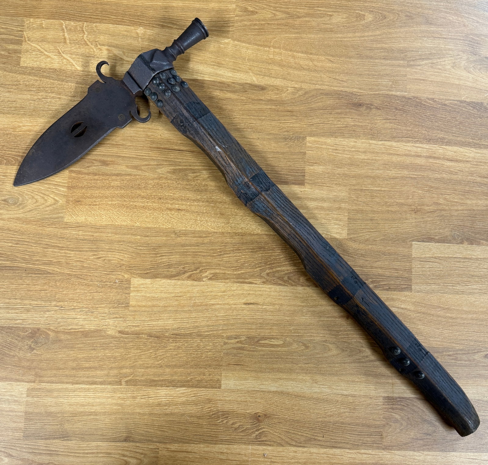 1800s Native American Crow Indian Ceremonial Pipe Tomahawk with Pierced Blade & Tack-Decorated Haft (1 of 10)