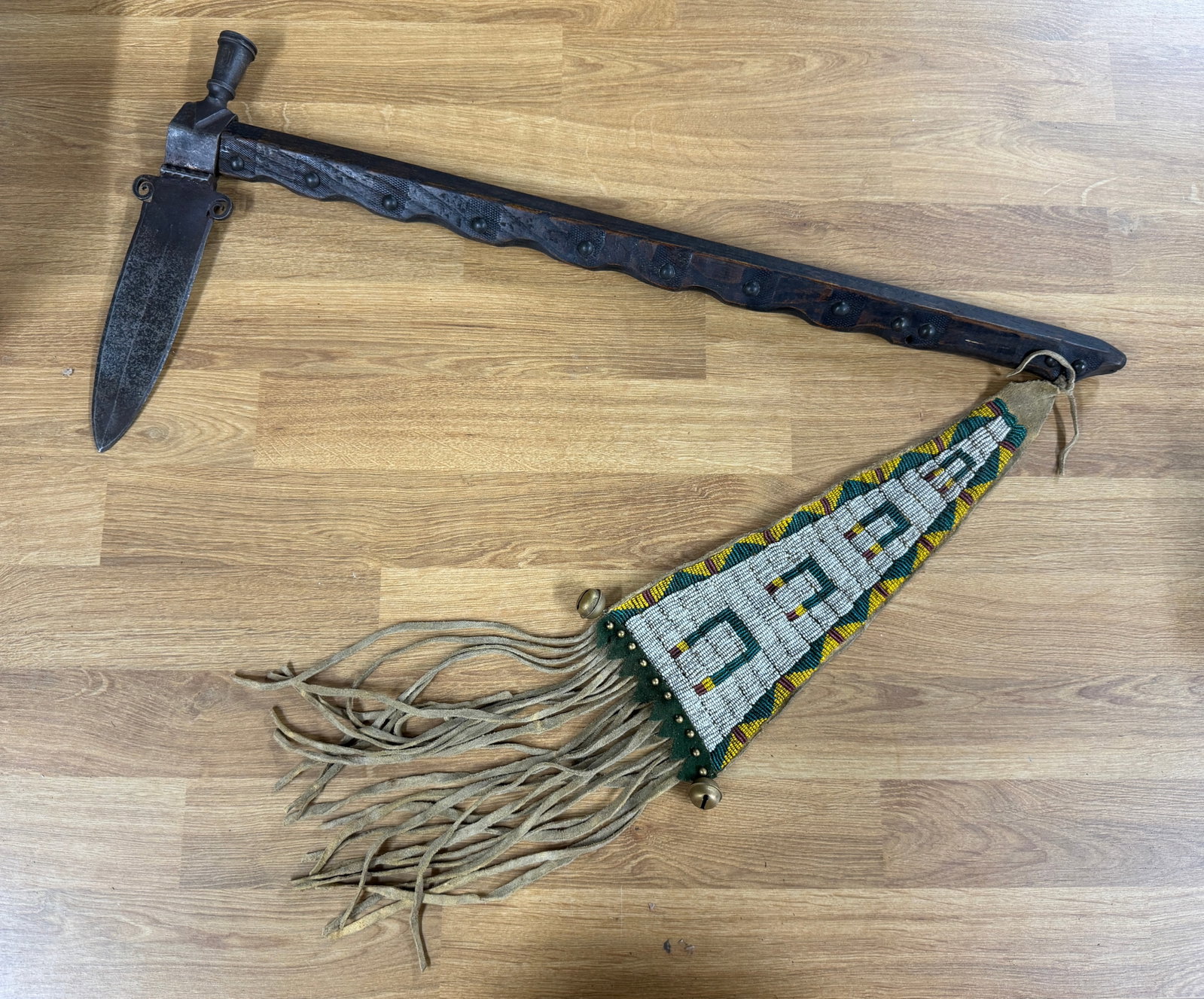 1800s Native American Navajo Indian Pipe Tomahawk with Beaded Hide Drop & Tack-Decorated Haft (1 of 10)
