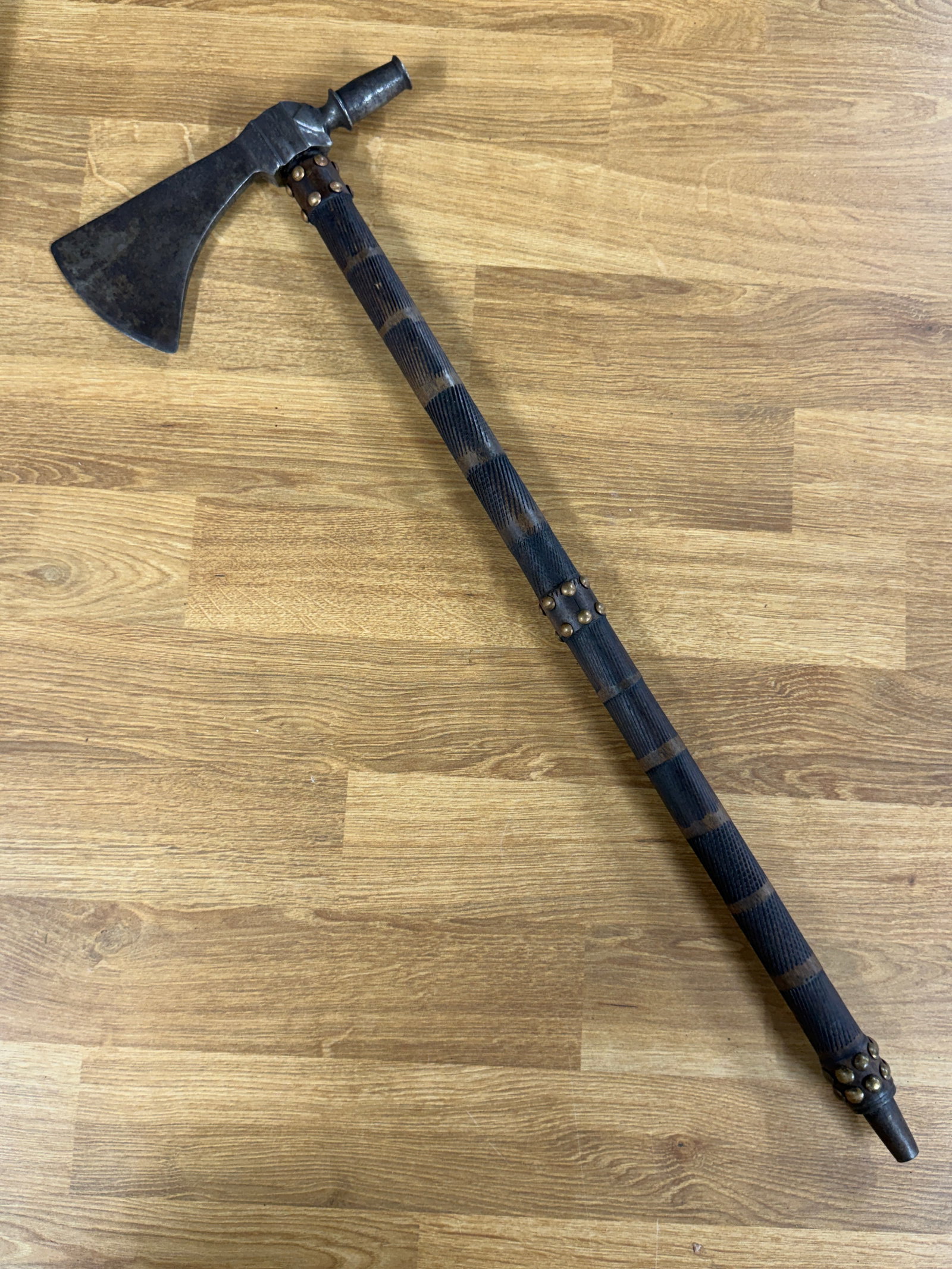 1800s Native American Indian Pipe Tomahawk with Extra-Long Decorated Tack Haft (1 of 8)