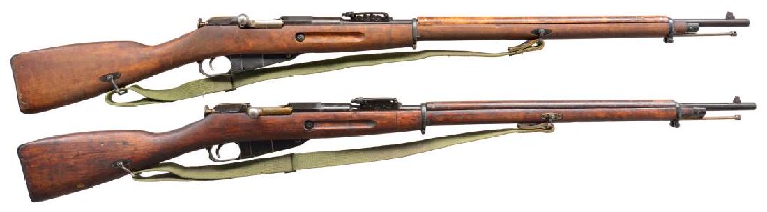 3 FINNISH MODEL 91 MOSIN NAGANT BOLT ACTION: RIFLES. ALL: cal. 7.62x54R. Bbls. 31 1/2". Straight bolt handles. Ladder rear sights modified to metric. Cleaning rods are present. Clamping bbl. bands. 1) FINNISH. S# 23119. Numbers match on receiver