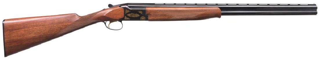 BROWNING CITORI SUPERLITE GRADE I O/U SHOTGUN.: Cal. 20 Ga., 2 3/4". S# 06967PY123. Bbls. 26" VR w/ fixed IC & Mod. chokes & steel bead. Blued boxlock action w/ bonanza gold filled engraving. Gold plated SST. AE. Schnabel tipped forearm & straight