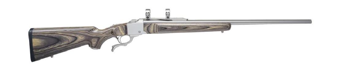 SCARCE STAINLESS RUGER No. 1-B FALLING BLOCK: RIFLE. Cal. 7mm STW (Shooting Times Western). S# 133-81358. Mfg. 2001 as K1-B-BBZ w/ 26" bbl. having quarter rib & Ruger stainless rings. Uncheckered black laminate stock w/ black Ruger logo pad. Cart
