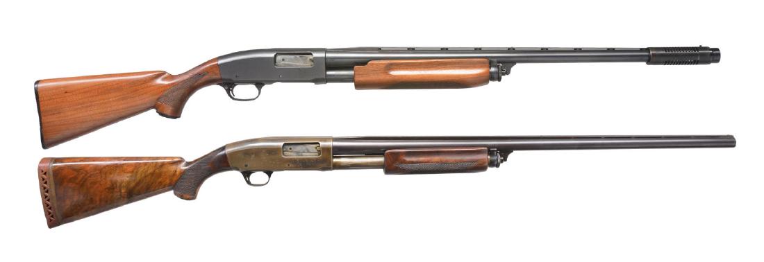 2 REMINGTON SLIDE ACTION SHOTGUNS.: BOTH: Cal. 12 Ga. 1) MODEL 31 VENT RIB SKEET. S# 73560. 27" W/ milled vent rib over Cutts compensator. Skeet choke, checkered pistol grip walnut stock set w/ beavertail forend. 13 5/8" LOP. CONDITION: