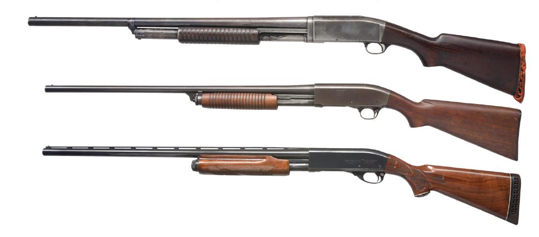 3 REMINGTON SLIDE ACTION SHOTGUNS.: 1) MODEL 10A. Cal. 12 Ga., full choke. S# U119054. 26" Plain bbl w/ steel bead front sight. Raised matted rib on receiver, smooth pistol grip walnut stock set w/ serrated forearm. CONDITION: overall m