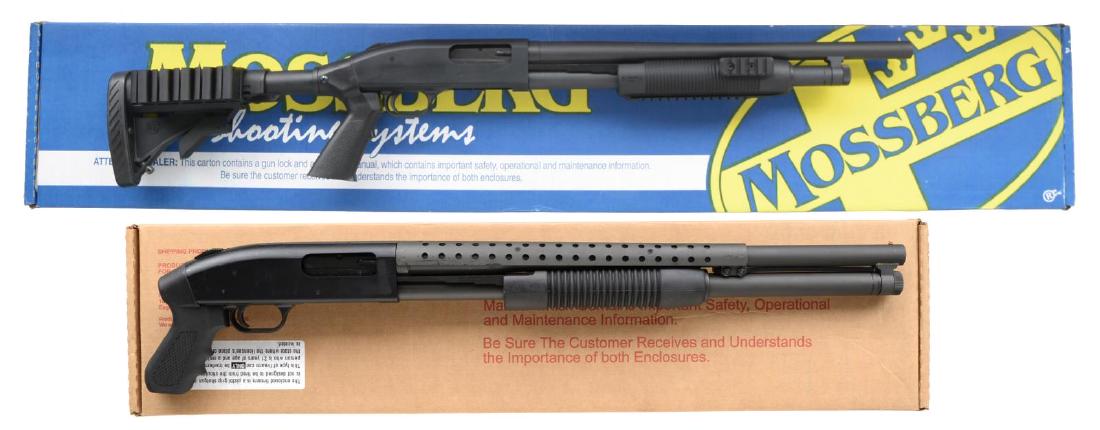 2 MOSSBERG MODEL 500 PUMP SHOTGUNS.: 1) Cal. 12 Ga., 3". S# U632843. Bbl. 18 1/2". Cyl. choke. Brass bead front sight. Collapsible synthetic buttstock w/ pistol grip & shell carrier. Factory recoil pad. Ribbed synthetic forend w/ full le