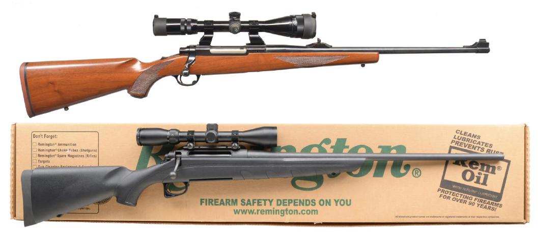 2 BOLT ACTION RIFLES. RUGER & REMINGTON.: 1) RUGER TANG SAFETY MODEL 77. Cal. 30-06. S# 73-11124. Scarce Pre-Warning rnd. top receiver model mfg. 1978 w/ 22" bbl. & factory sights. Kwik-Site see through mounts holding gloss finished Bushnell 