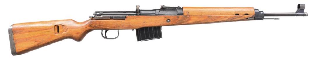 WALTHER G43 SEMI AUTO RIFLE.: Cal. 8mm Mauser. S# 36h. Bbl. 22". "AC" mfg. code w/ 44 date. Matching numbered bolt & stock. Laminated wood 2 piece stock. Receiver dovetailed for scope mount. Rear sight graduated to 100-1200 meters