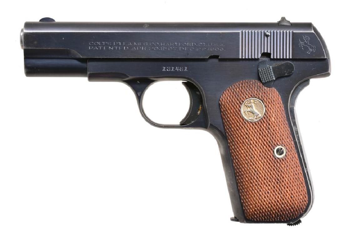 COLT 1908 POCKET PISTOL.: Cal. 380 ACP. S# 131481. Bbl. 3 3/4". Semi-circular front sight w/ square notch rear sight. Blue finish. 2 Piece checkered walnut grip w/ Rampant Colt medallion. Mfg. 1939. MAGS: 1 two tone 7 rd. deta