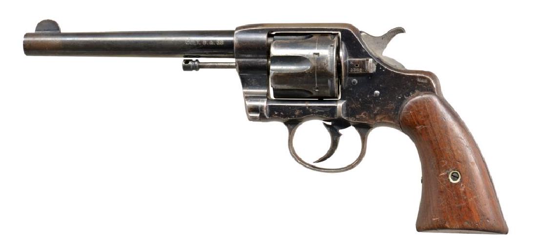 COLT 1896 U.S. ARMY MARKED DA REVOLVER.: Cal. 38 Colt. S# 3362. Bbl. 6" rnd. w/ semi circular sight. 6 Shot fluted cyl. Blue finish. 2 Piece walnut grips w/ "RAC" inspector marks at butt. Butt of gun is marked "U.S. / ARMY / MODEL / 1896 / N