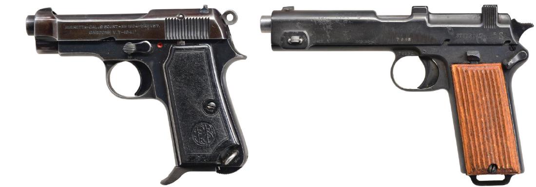 STEYR & BERETTA MILITARY SEMI AUTO PISTOLS.: 1) STEYR MODEL 1911. Cal. 9mm Steyr. S# 7683C. Romanian proofed frame CAI import marked w/ "1912 Austria"; mfg. 1914. Slide obviously renumbered to match in different font & w/ out "C"; left side date